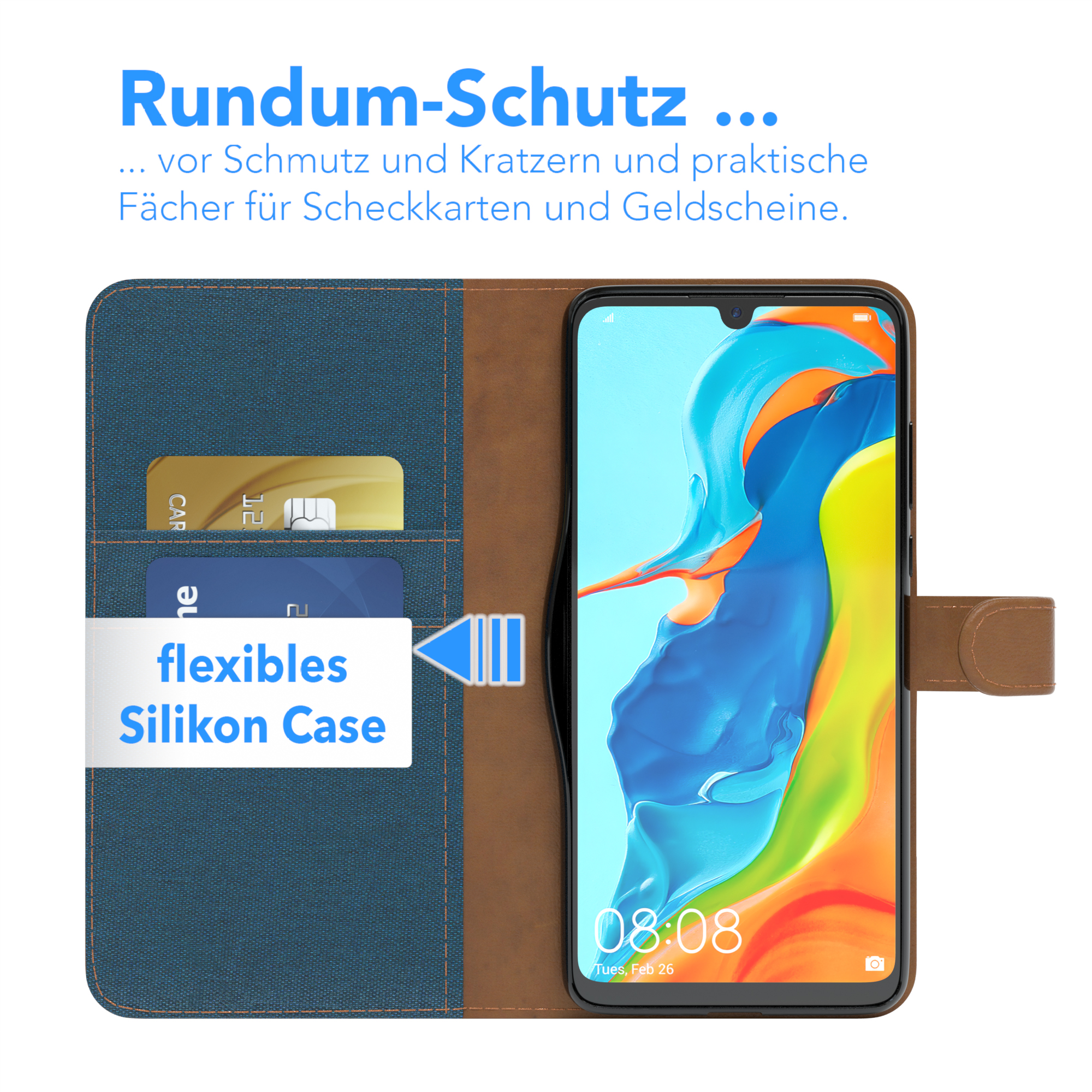Ein Telefon in einer Hülle. Die Hülle ist geöffnet und zeigt Karten und ein Telefon. Die Hülle ist braun und blau.