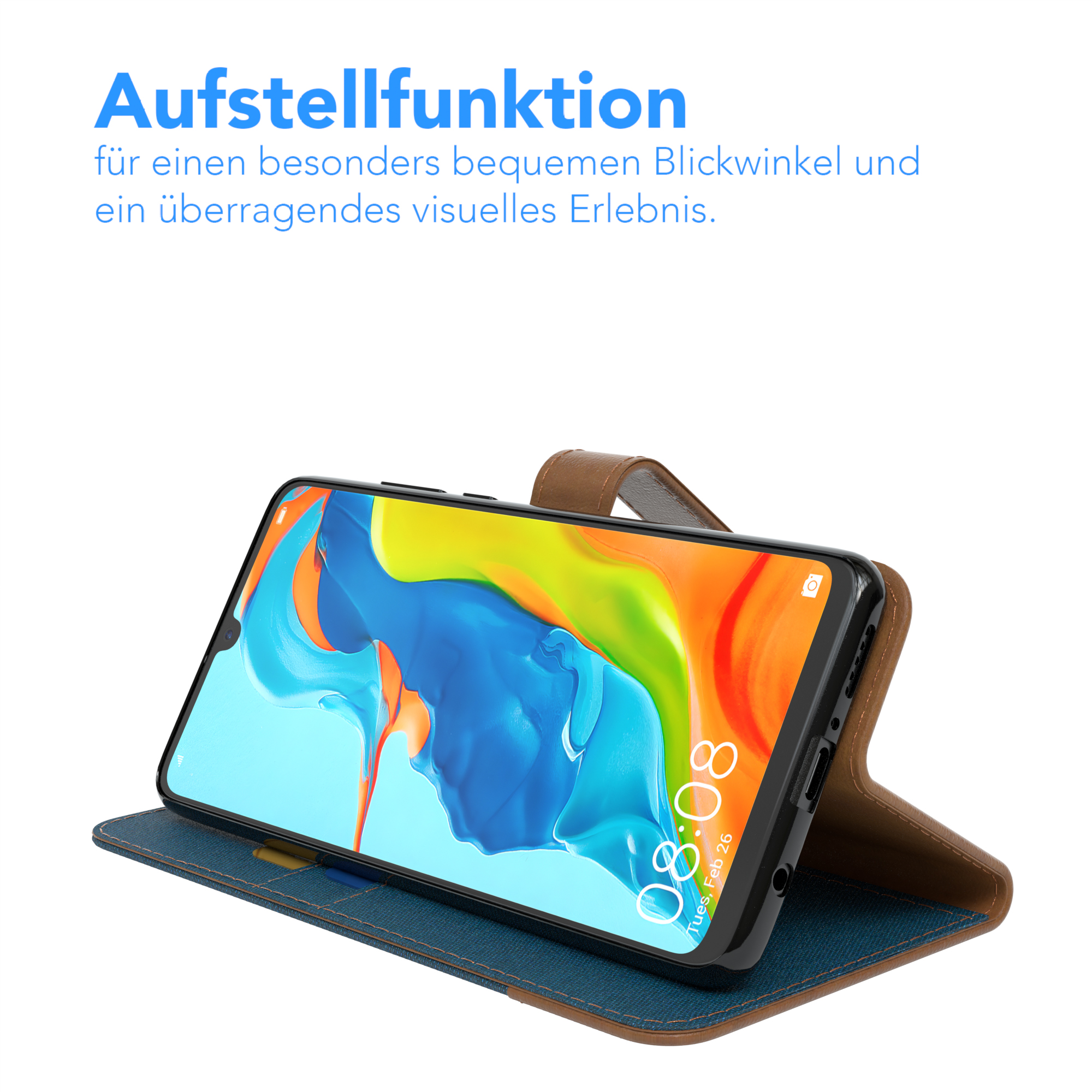 Telefon in brauner Hülle, zum Betrachten geneigt. Blau-braune Hülle mit Text darüber.
