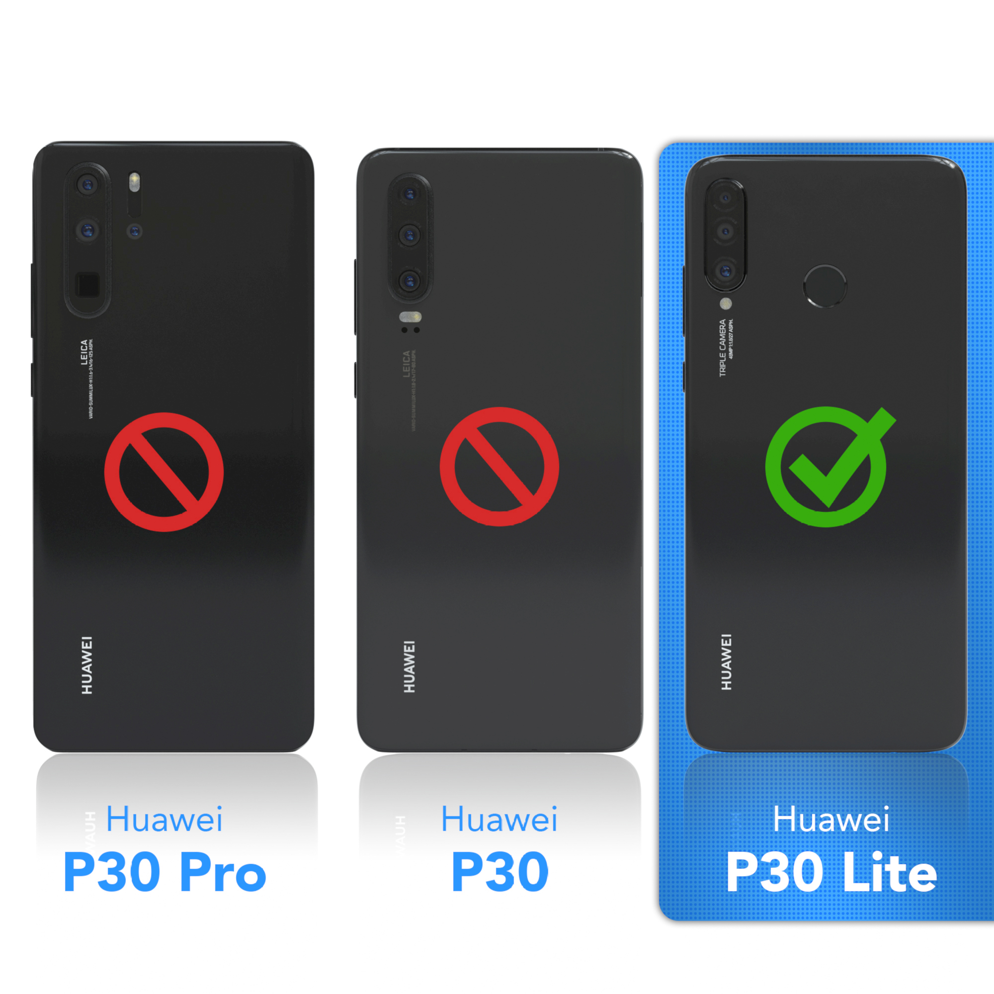 Drei Telefone. Nur Huawei P30 Lite ist kompatibel. Text: Huawei P30 Lite.
