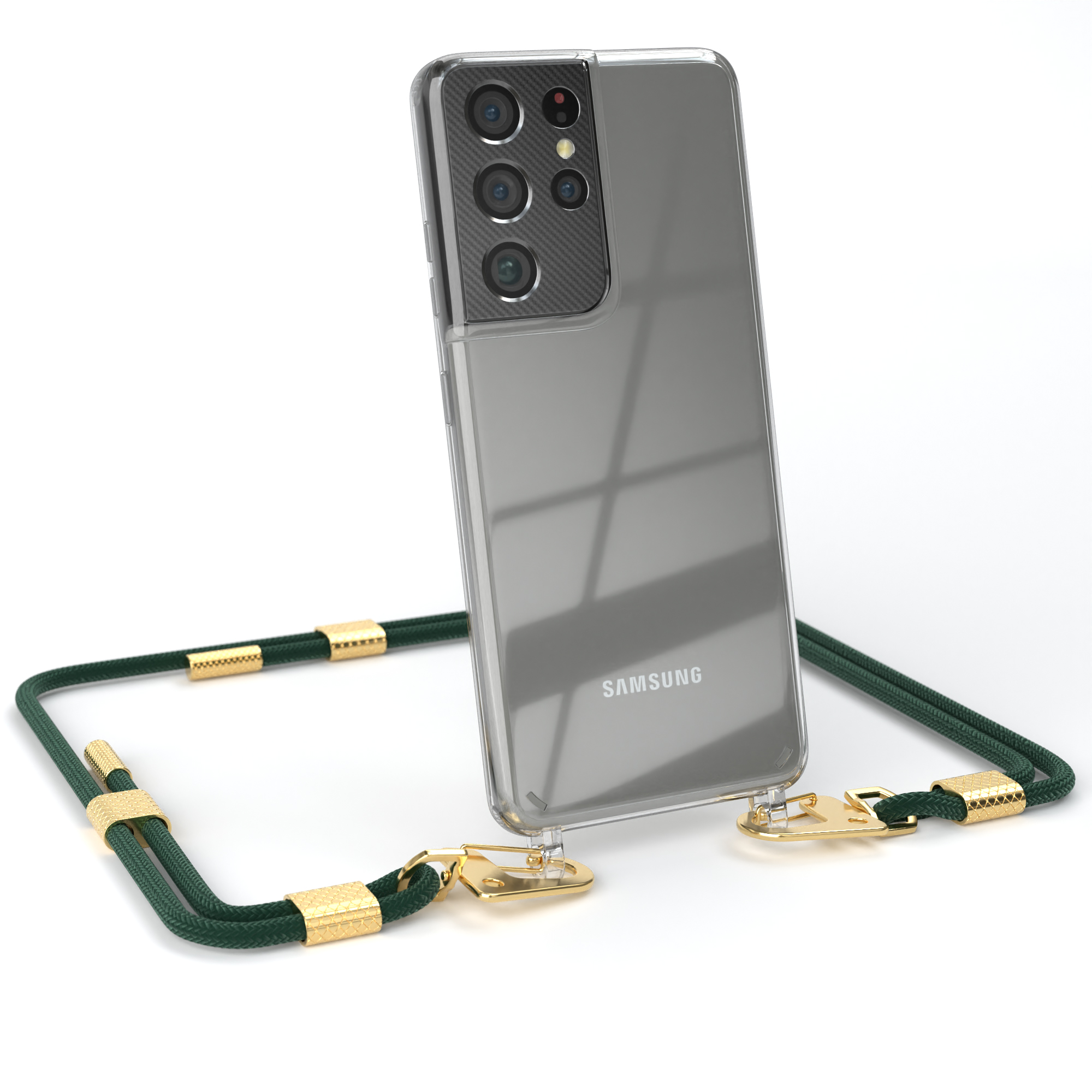 / EAZY Handyhülle + S21 5G, runder Gold CASE Umhängetasche, Nachtgrün mit Kordel Samsung, Ultra Karabiner, Galaxy Transparente