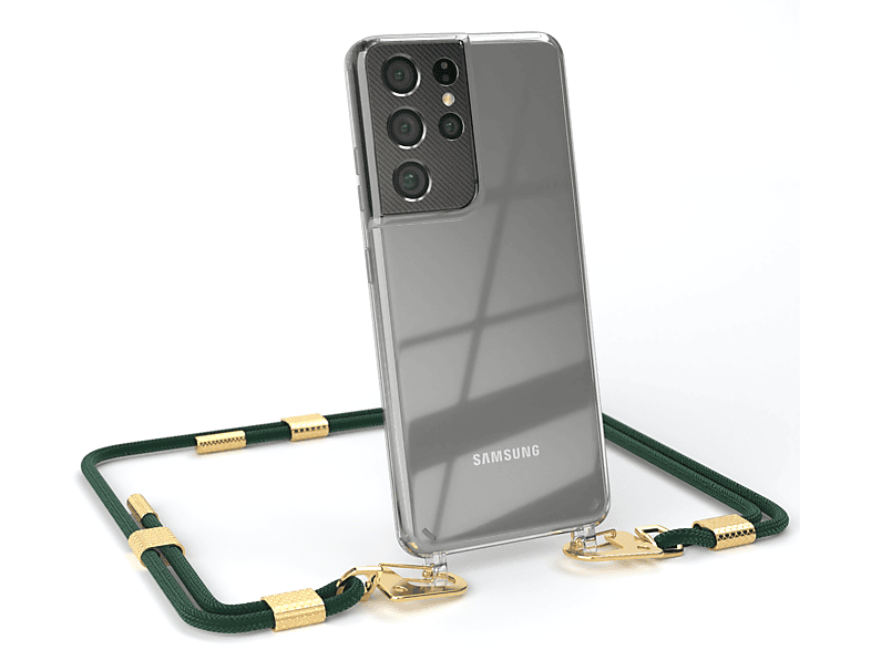 EAZY CASE Transparente Handyhülle mit runder Kordel + Karabiner, Umhängetasche, Samsung, Galaxy S21 Ultra 5G, Nachtgrün / Gold