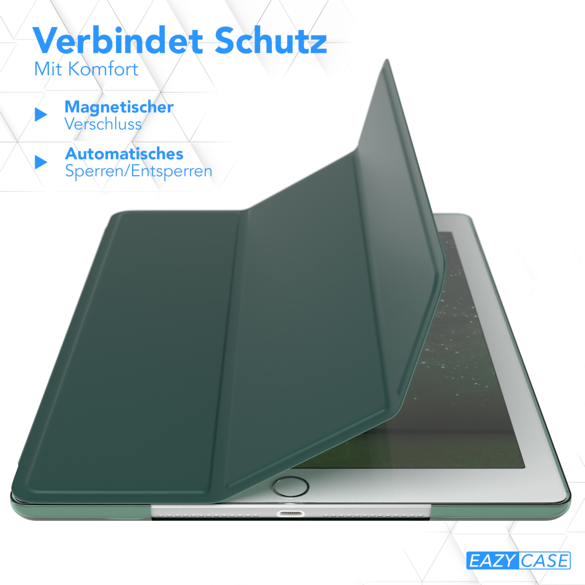 Eine grüne Tablet-Hülle ist geöffnet und zeigt den Bildschirm. Die Hülle liegt auf einer weißen Oberfläche.