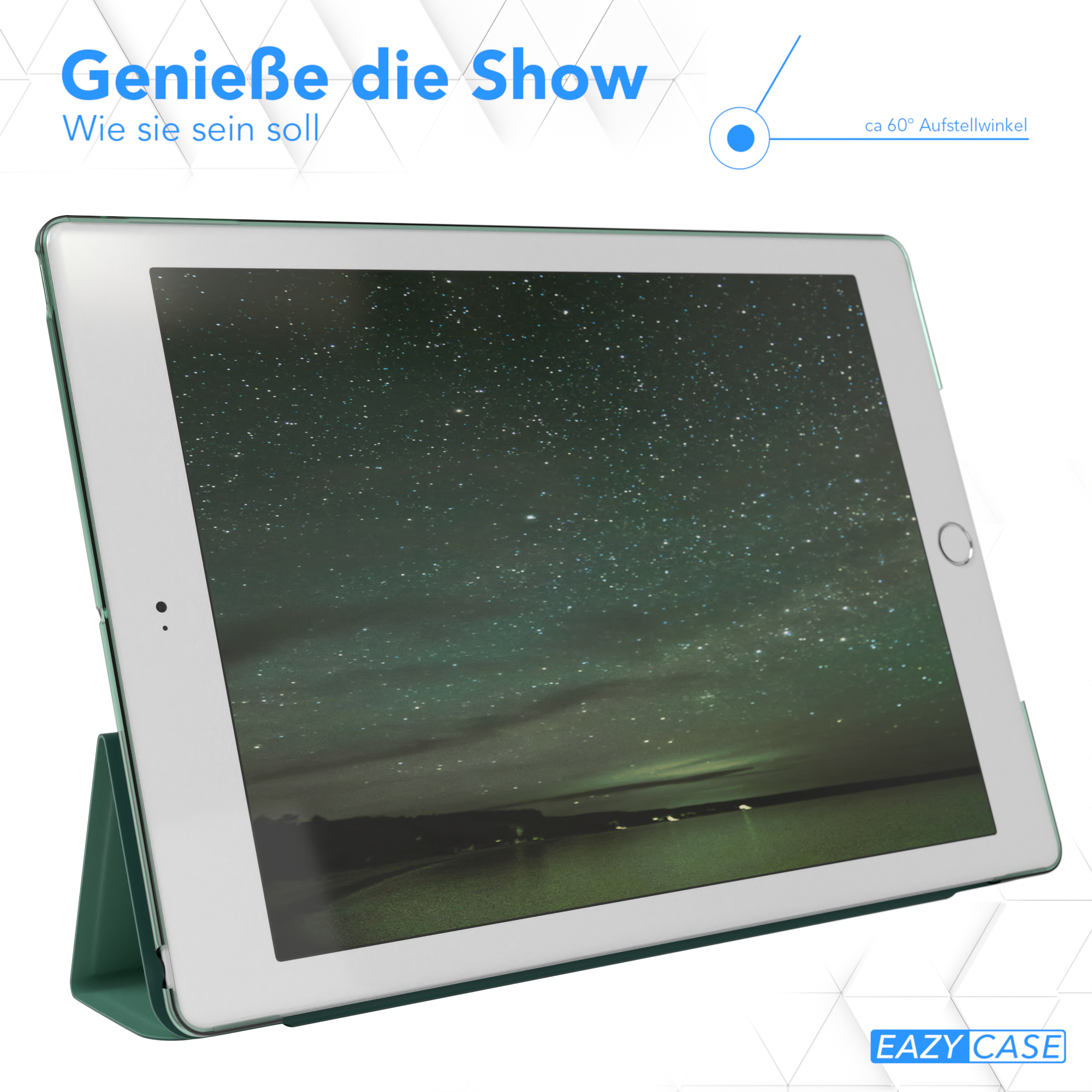 Ein Tablet mit geöffneter Hülle. Der Bildschirm zeigt einen Nachthimmel. Die Hülle ist grün.
