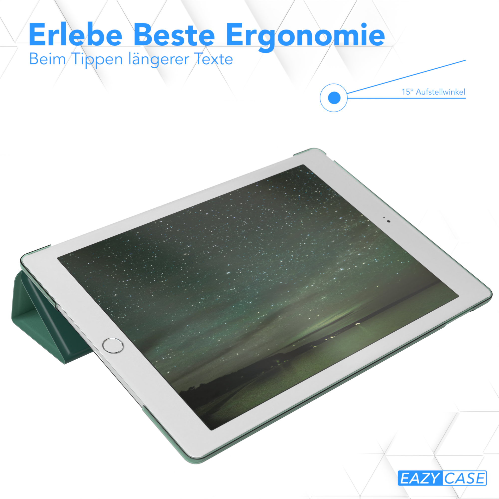 Tablet mit grünem Cover, angewinkelt. Text: Erlebe Beste Ergonomie.