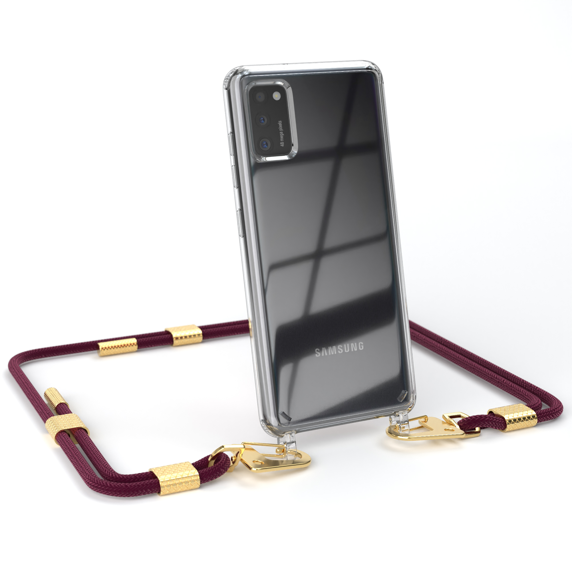 EAZY CASE Transparente Handyhülle mit Umhängetasche, Samsung, A41, Gold Karabiner, Bordeaux / + Galaxy runder Kordel