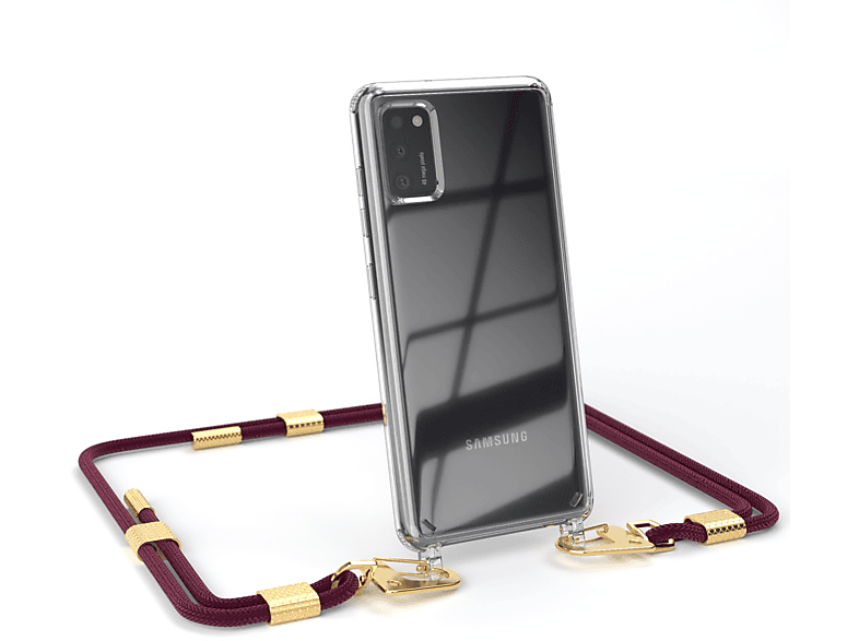 EAZY CASE Transparente Handyhülle + Samsung, Galaxy A41, Karabiner, Bordeaux Umhängetasche, runder / mit Kordel Gold