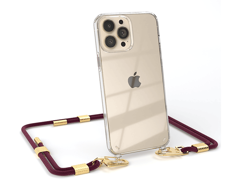 EAZY Bordeaux 13 / Umhängetasche, + iPhone Max, runder Handyhülle mit Apple, Kordel Pro Karabiner, CASE Gold Transparente