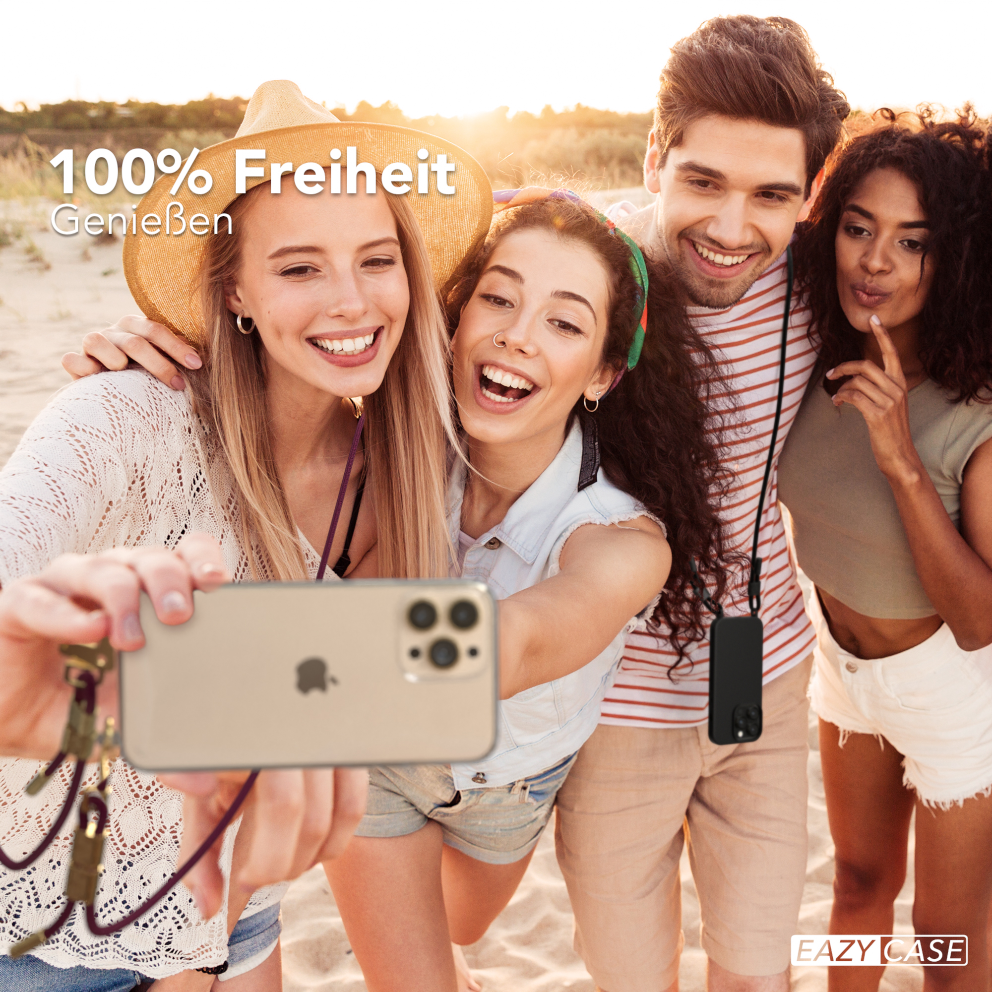 Freundesgruppe macht Selfie mit Telefon, Text: 100% Freiheit.