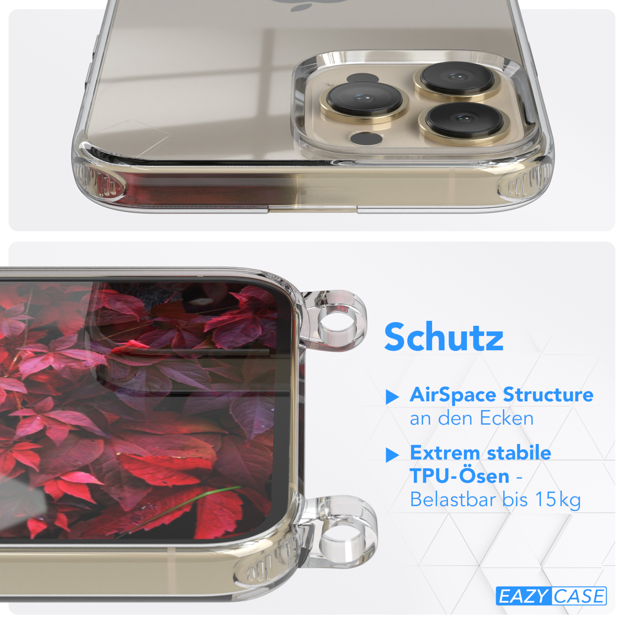 Transparente Handyhülle mit rotem Blättermotiv. Hülle zeigt ein Telefon. Text: 'Schutz'.