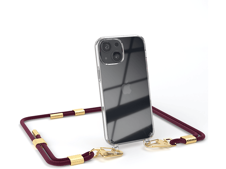 EAZY CASE Transparente Handyhülle mit runder Kordel + Karabiner, Umhängetasche, Apple, iPhone 13 Mini, Bordeaux / Gold