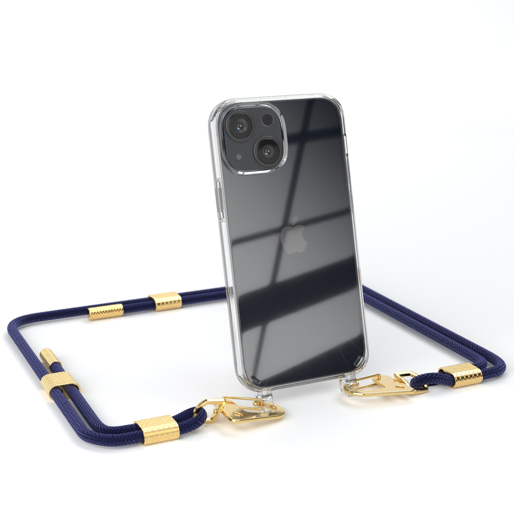 Transparente Handyhülle mit blauem Lanyard, goldfarbene Akzente. Apple-Logo.