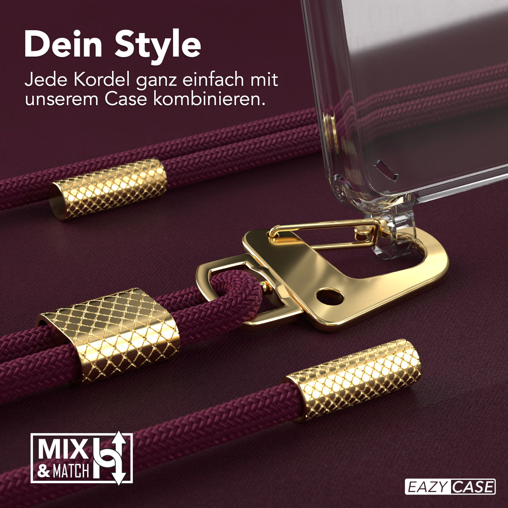 Nahaufnahme eines goldenen Schlüsselbands. Lila Seil mit goldenen Akzenten. Eine transparente Handyhülle im Hintergrund.