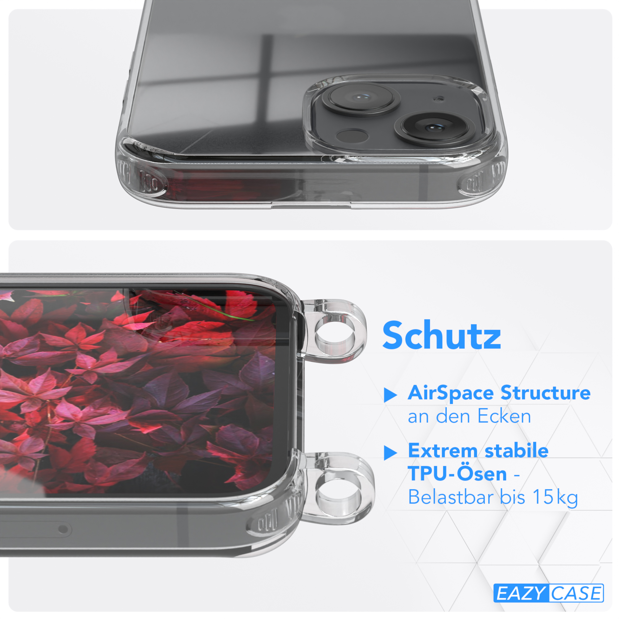 EAZY CASE Transparente Handyhülle Bordeaux Apple, mit Gold Mini, Karabiner, Umhängetasche, 13 Kordel runder / + iPhone