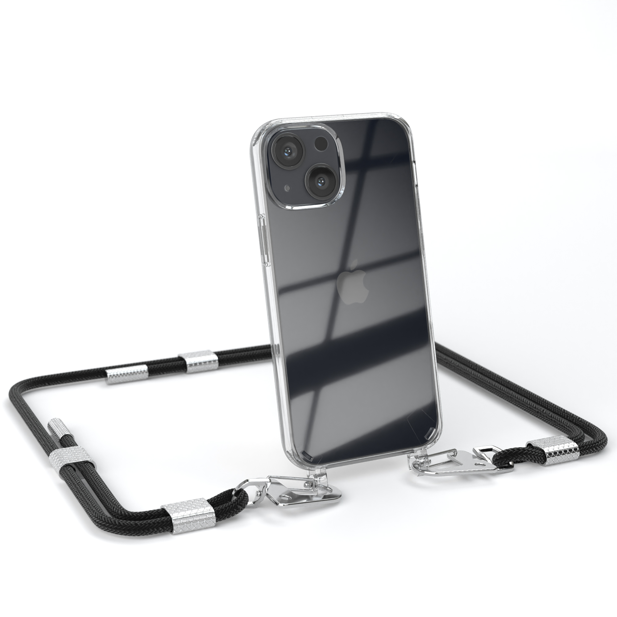 + 13 / iPhone Transparente Umhängetasche, mit Silber CASE Mini, Kordel Karabiner, Schwarz runder EAZY Apple, Handyhülle