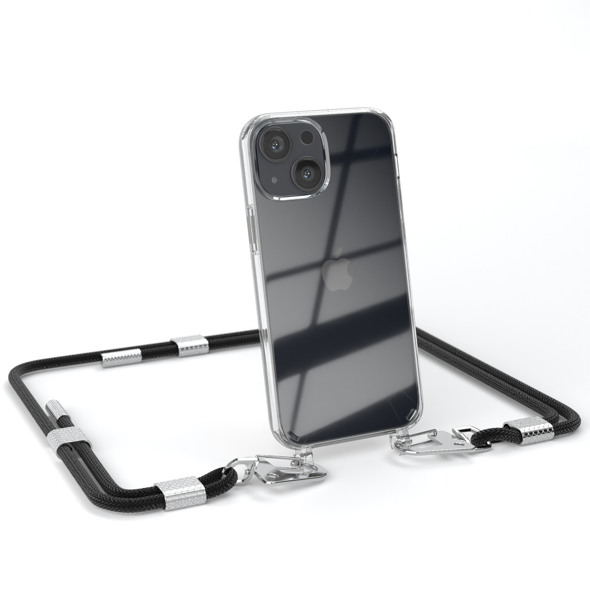 iPhone in klarer Hülle mit schwarzem Umhängeband. Silberakzente am Umhängeband. Telefon ist nach rechts abgewinkelt.