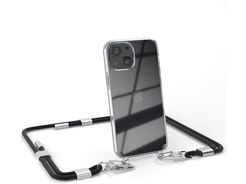 EAZY CASE Transparente Handyhülle mit runder Kordel + Karabiner, Umhängetasche, Apple, iPhone 13 Mini, Schwarz / Silber