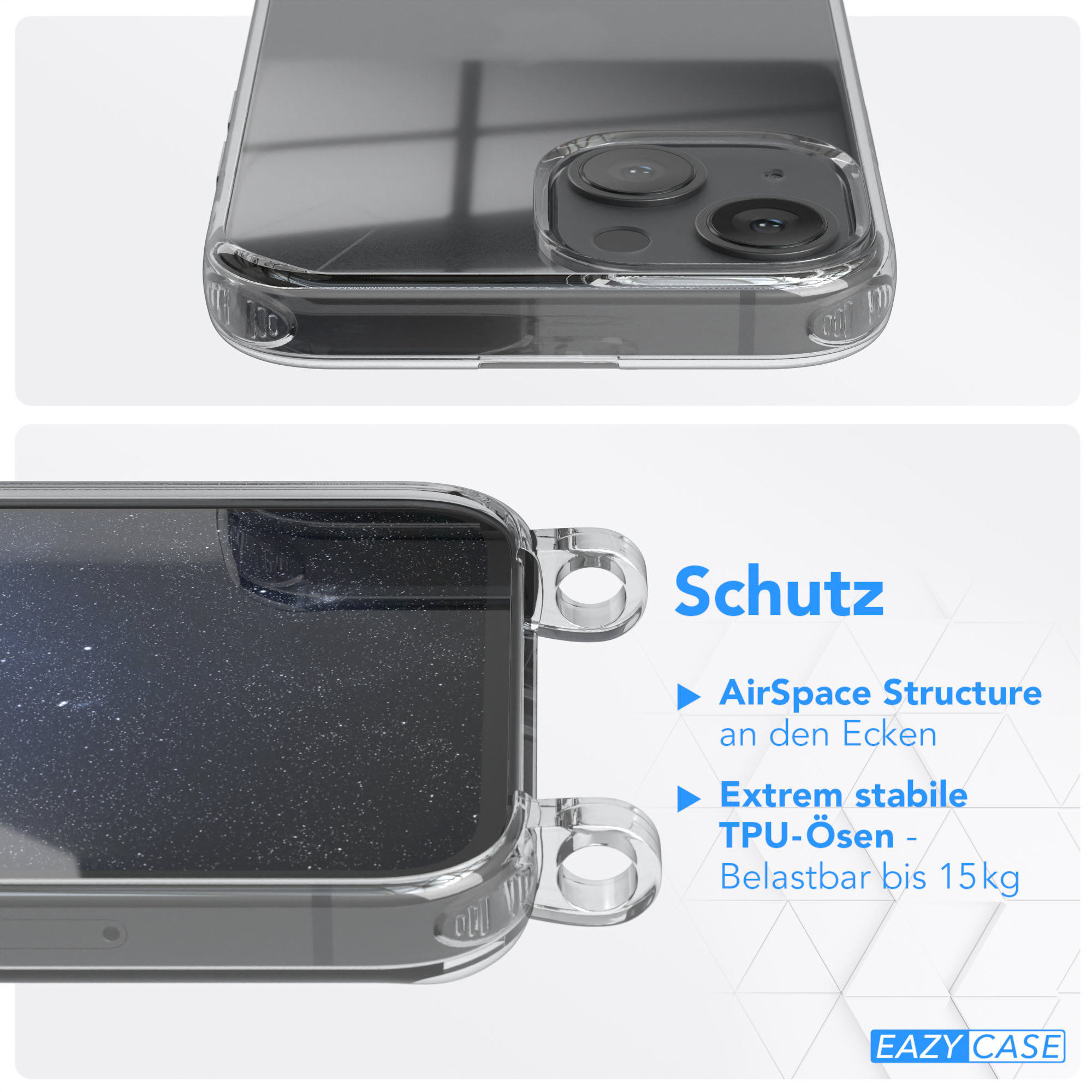 Eine transparente Handyhülle. Nahaufnahme der Hülle zeigt die Kanten und das Schutzdesign.
