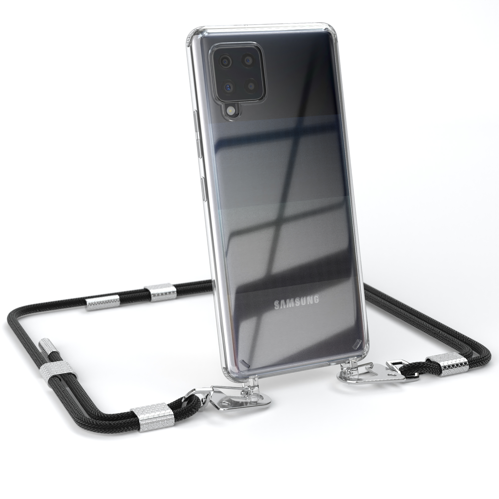 Transparente Handyhülle mit schwarzem Kordel. Das Telefon ist transparent.