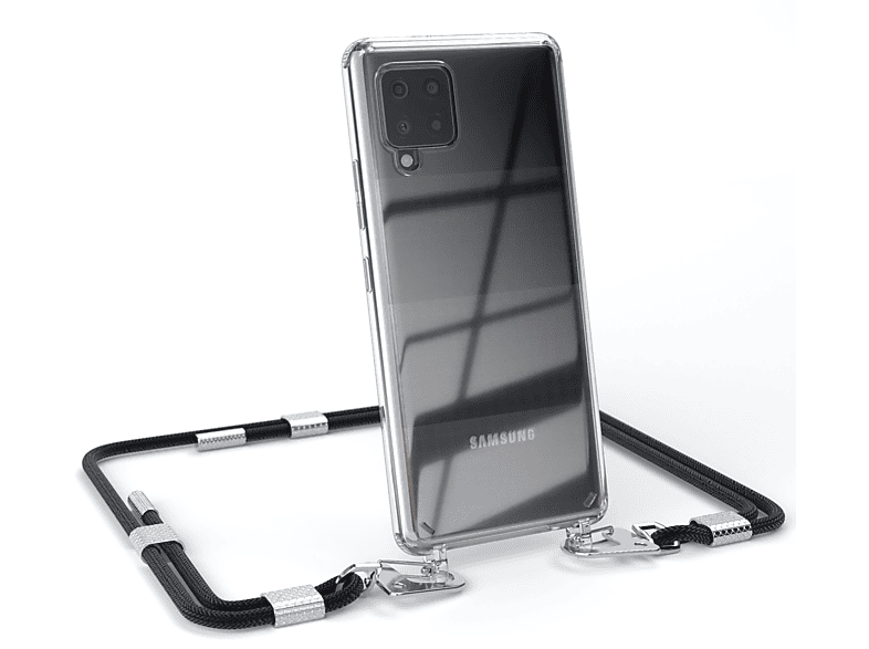 EAZY CASE Transparente Handyhülle mit runder Kordel + Karabiner, Umhängetasche, Samsung, Galaxy A42 5G, Schwarz / Silber
