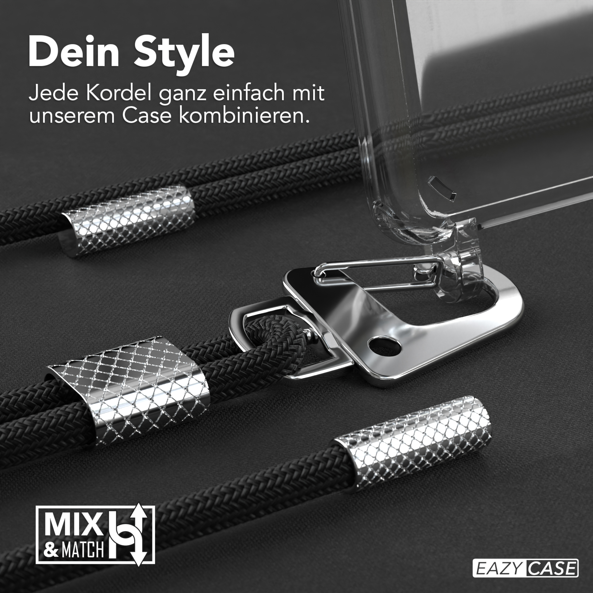 Nahaufnahme von Handyhüllen-Zubehör, einschließlich Kordeln und Metallverschlüssen.