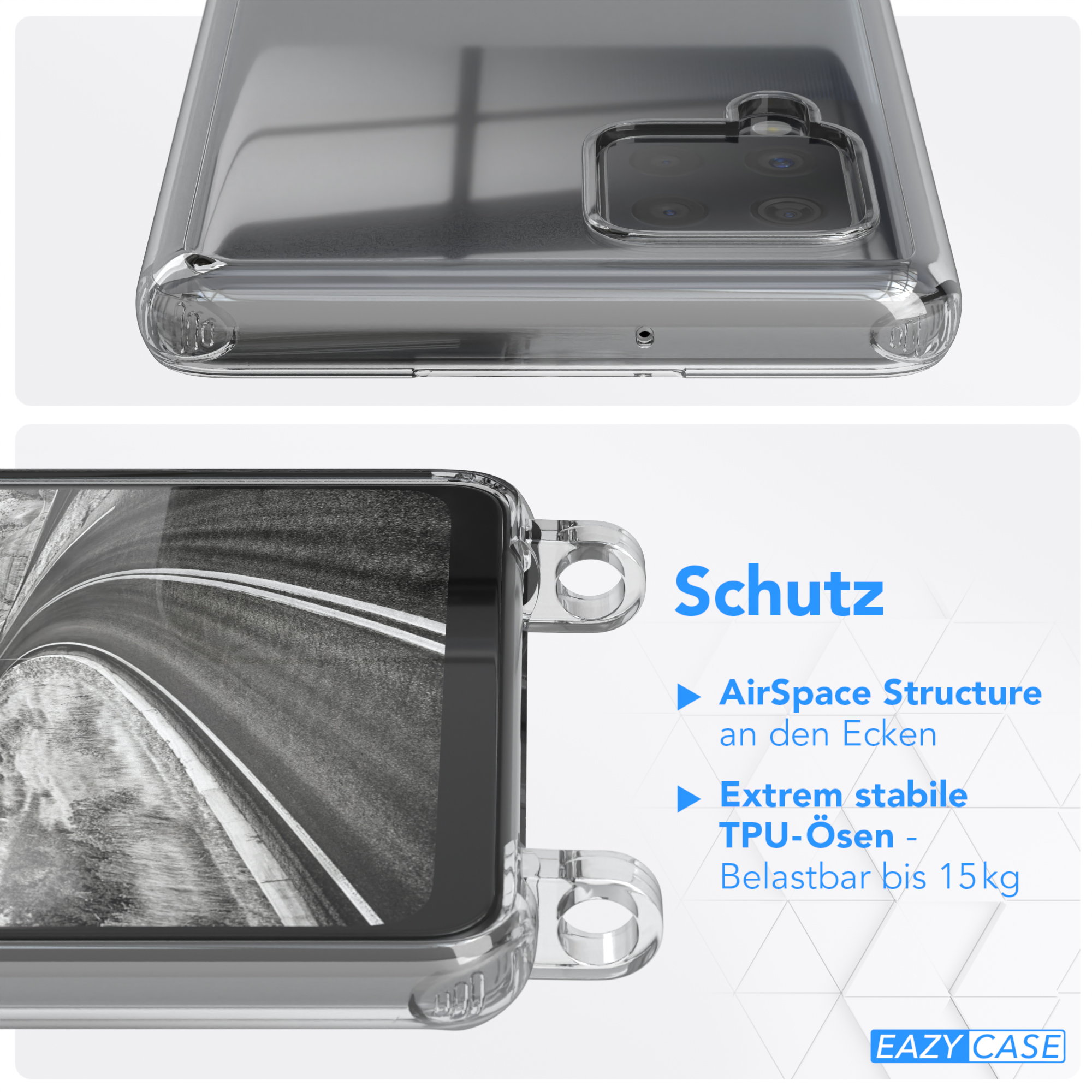 Nahaufnahme einer Handyhülle mit Text zu den Merkmalen: AirSpace Structure und TPU-Ösen.