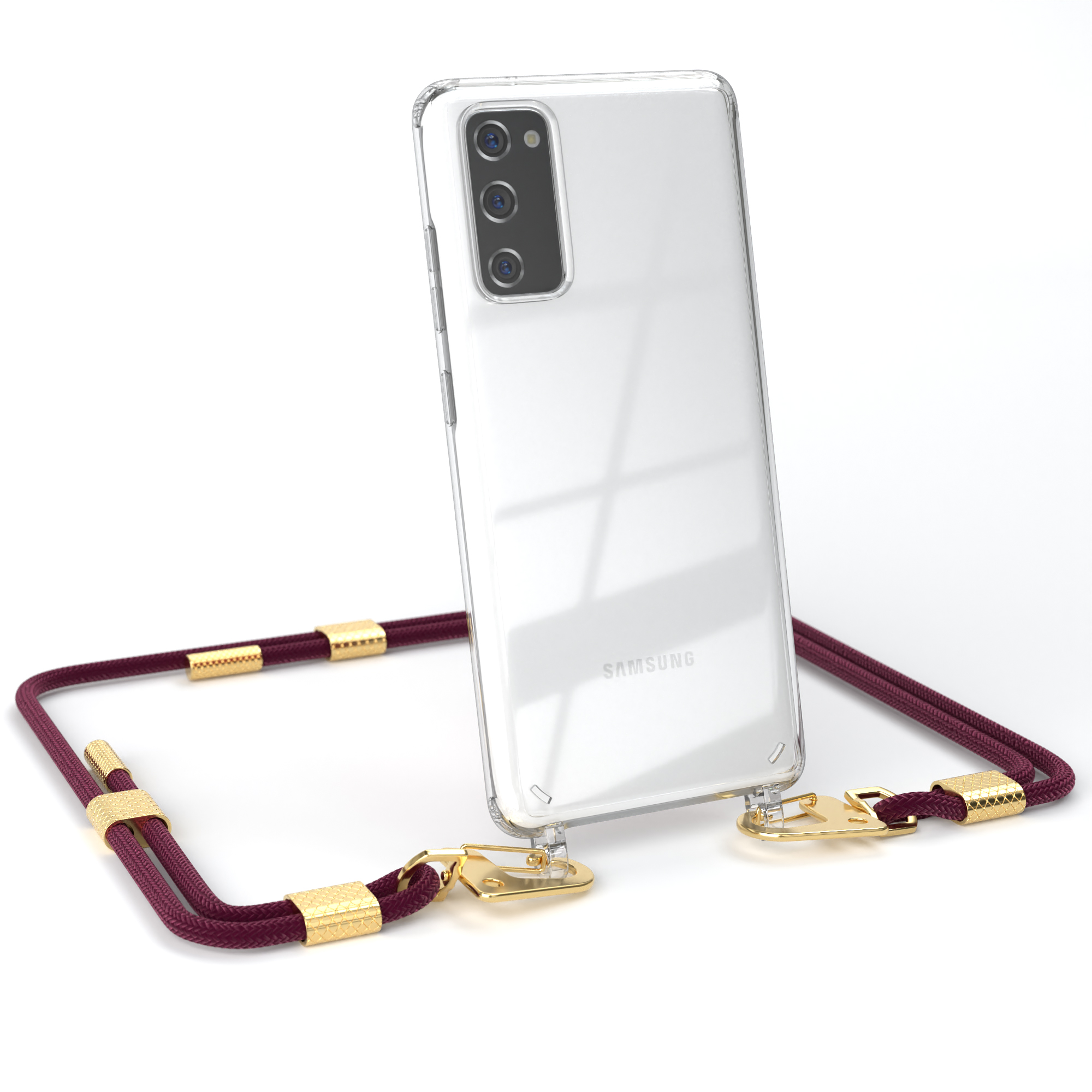 Samsung Telefon mit weinrotem Umhängeband und Goldakzenten. Transparente Hülle.
