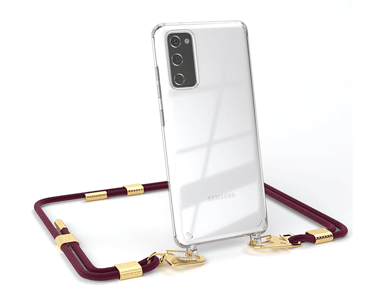 EAZY CASE Transparente Handyhülle Galaxy S20, Umhängetasche, Karabiner, mit Kordel Gold + Samsung, runder / Bordeaux
