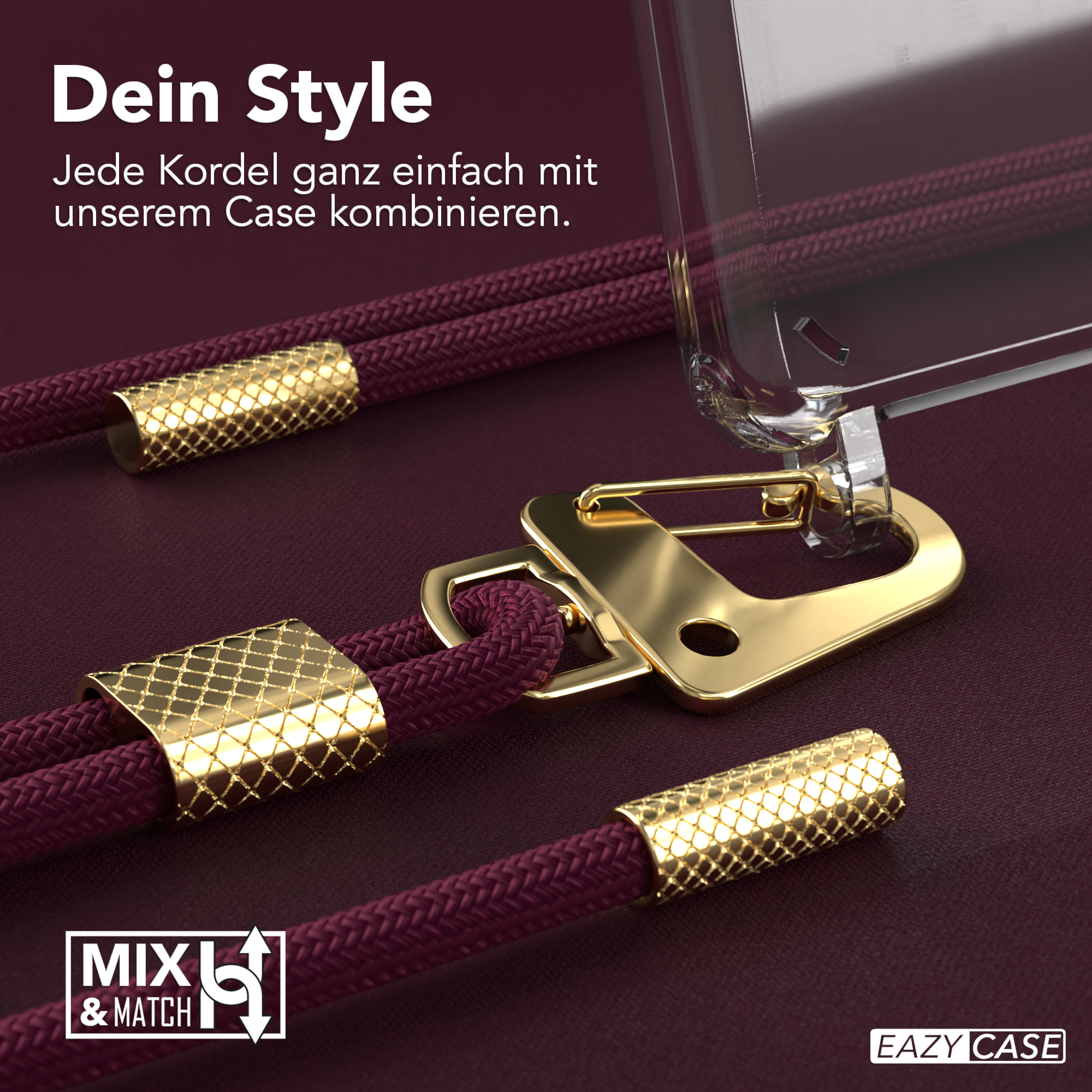 Transparente Handyhülle mit goldenen Akzenten und einer bordeauxfarbenen Kordel. Goldener Verschluss.