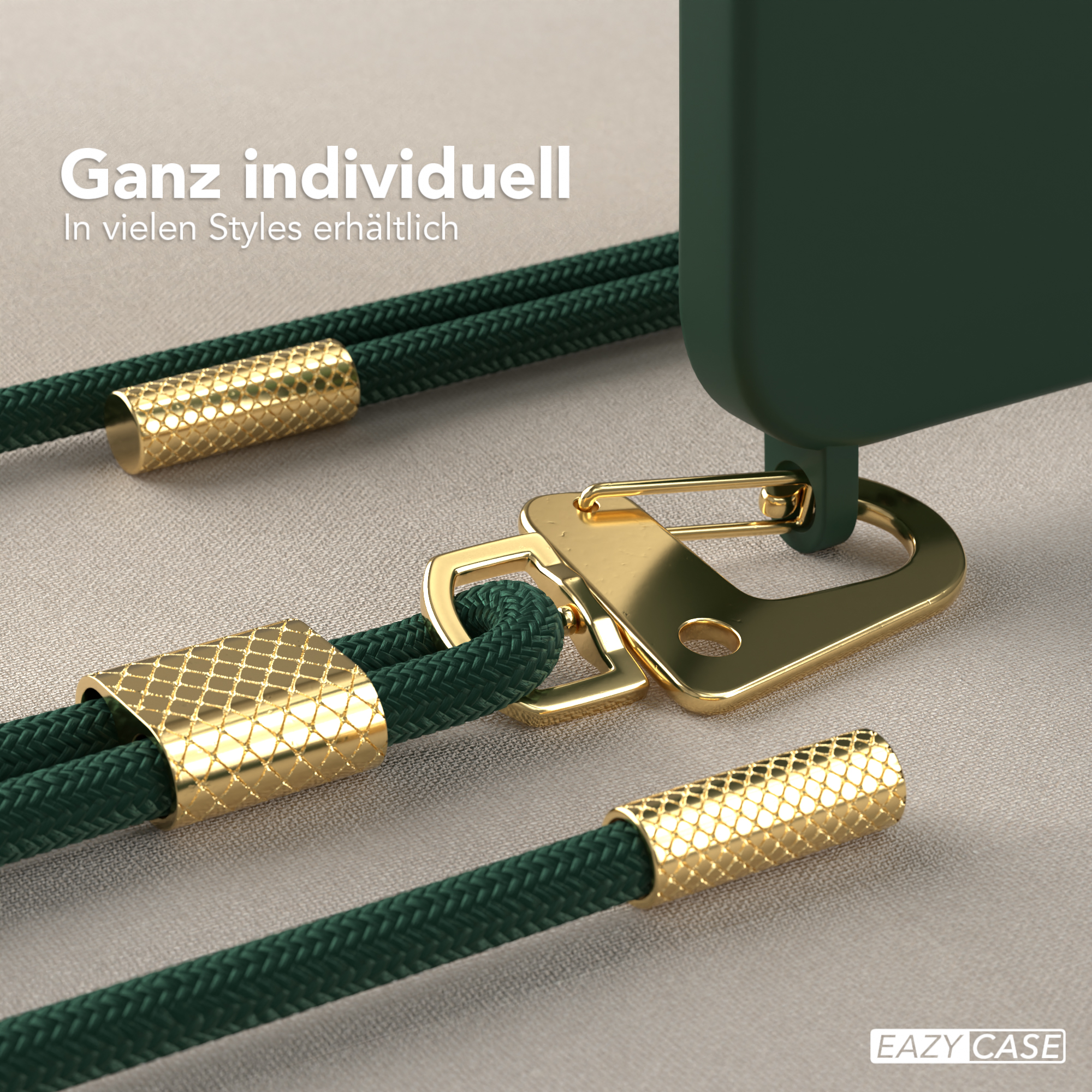 Nahaufnahme einer grünen Handyhülle mit goldenen Verbindern und Seil. Text 'Ganz individuell' mit EAZY CASE Logo.