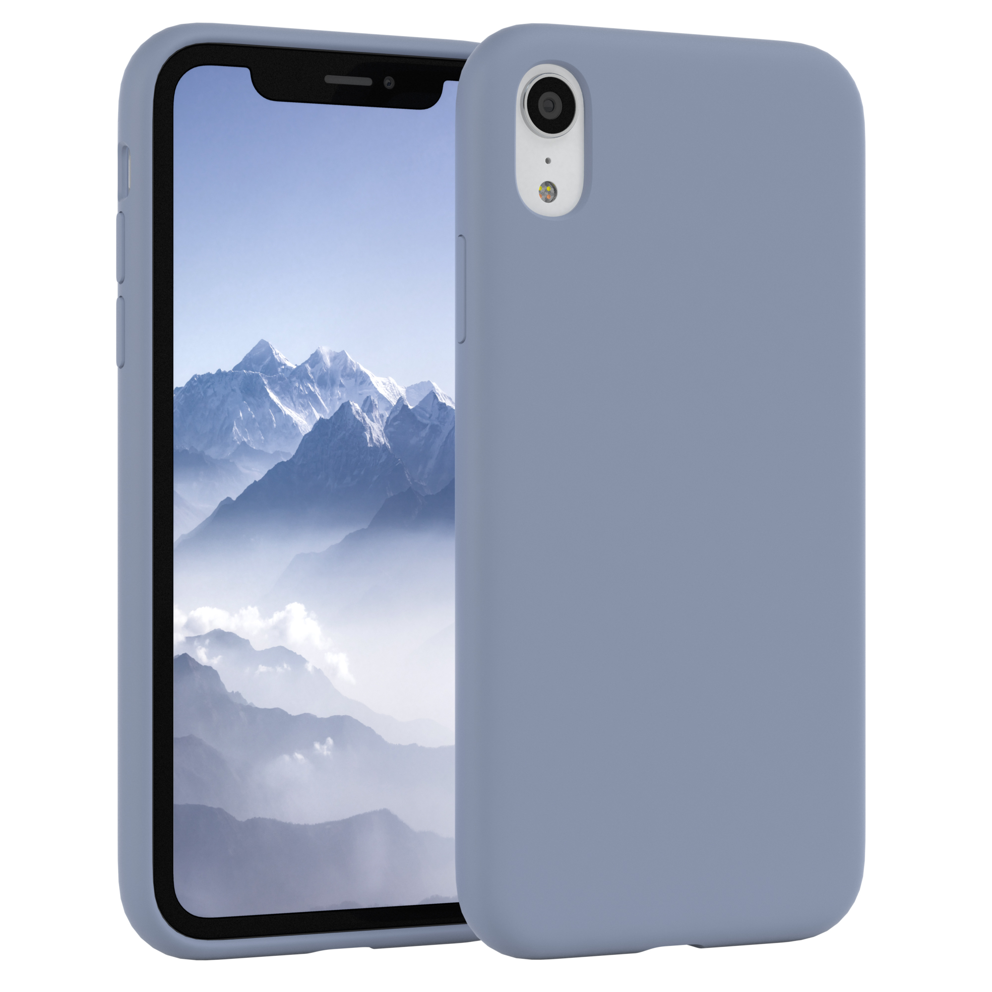 Zwei hellblaue Handyhüllen mit einem Telefon. Weißer Hintergrund.