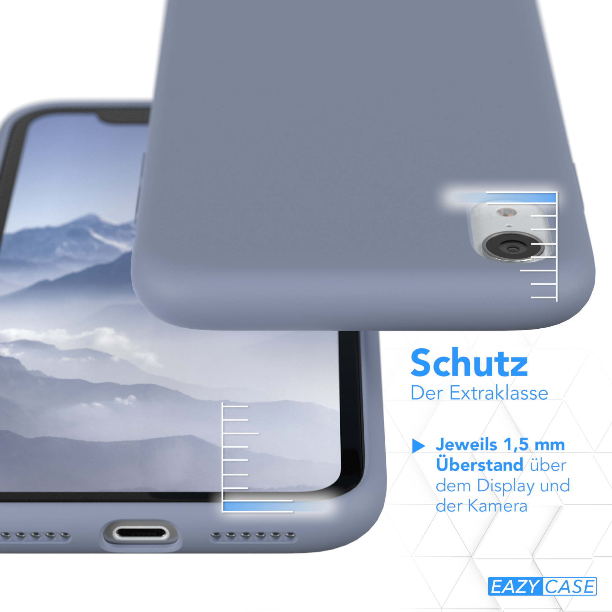 Eine blaue Handyhülle mit dem Telefon darin. Schutzfunktionen sind im Bild beschrieben.