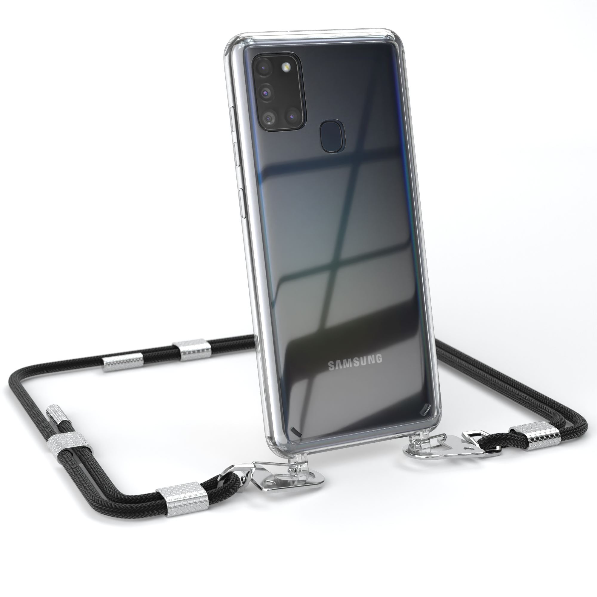 Transparente Handyhülle mit schwarzem Schlüsselband. Telefon lehnt an weißem Hintergrund.