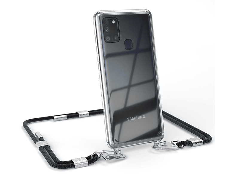 runder CASE Samsung, mit EAZY Handyhülle / Silber Schwarz Transparente A21s, Galaxy Umhängetasche, Karabiner, + Kordel