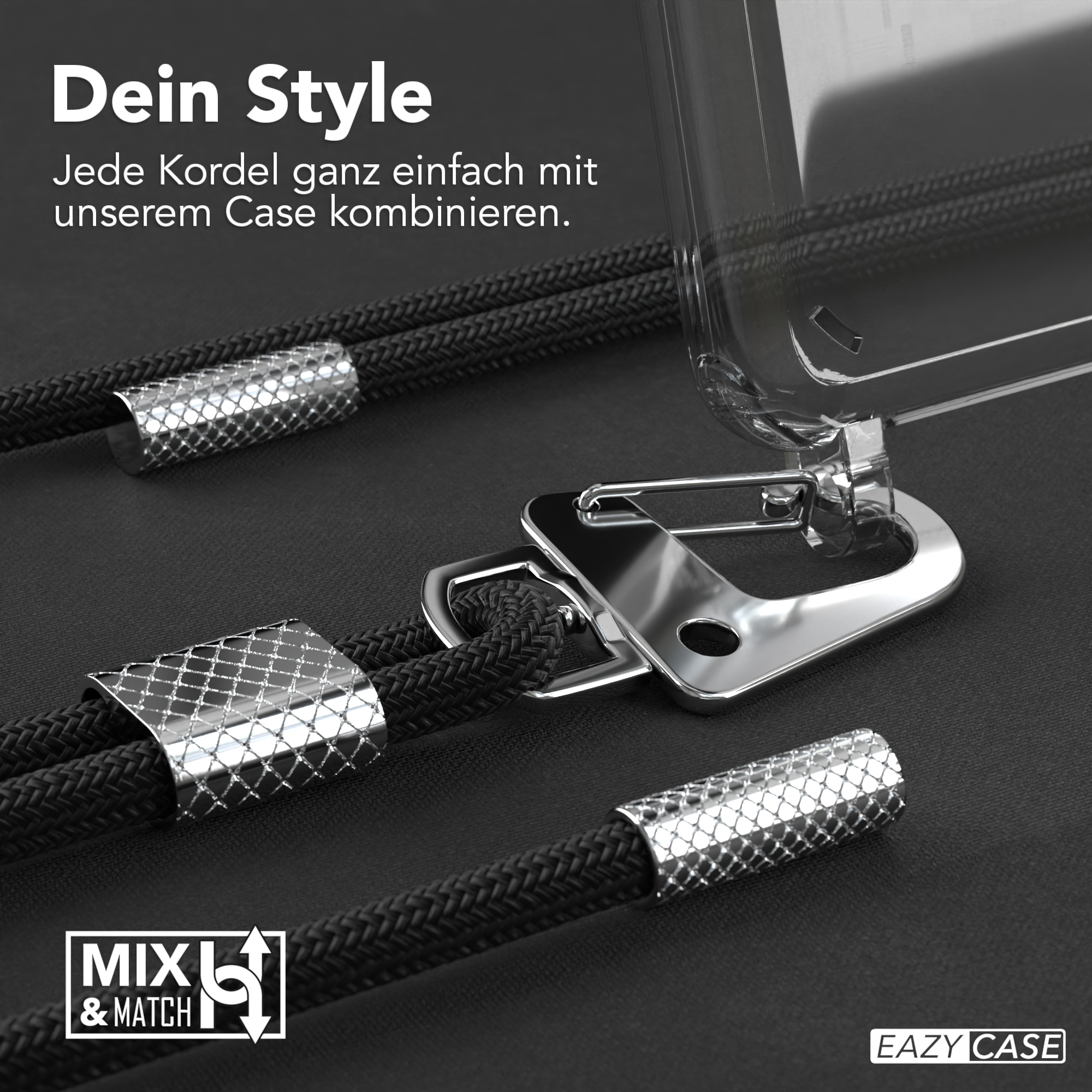Nahaufnahme einer schwarzen Handyhüllen-Kordel mit silbernen Akzenten und einer transparenten Handyhülle. Text: Mix & Match.