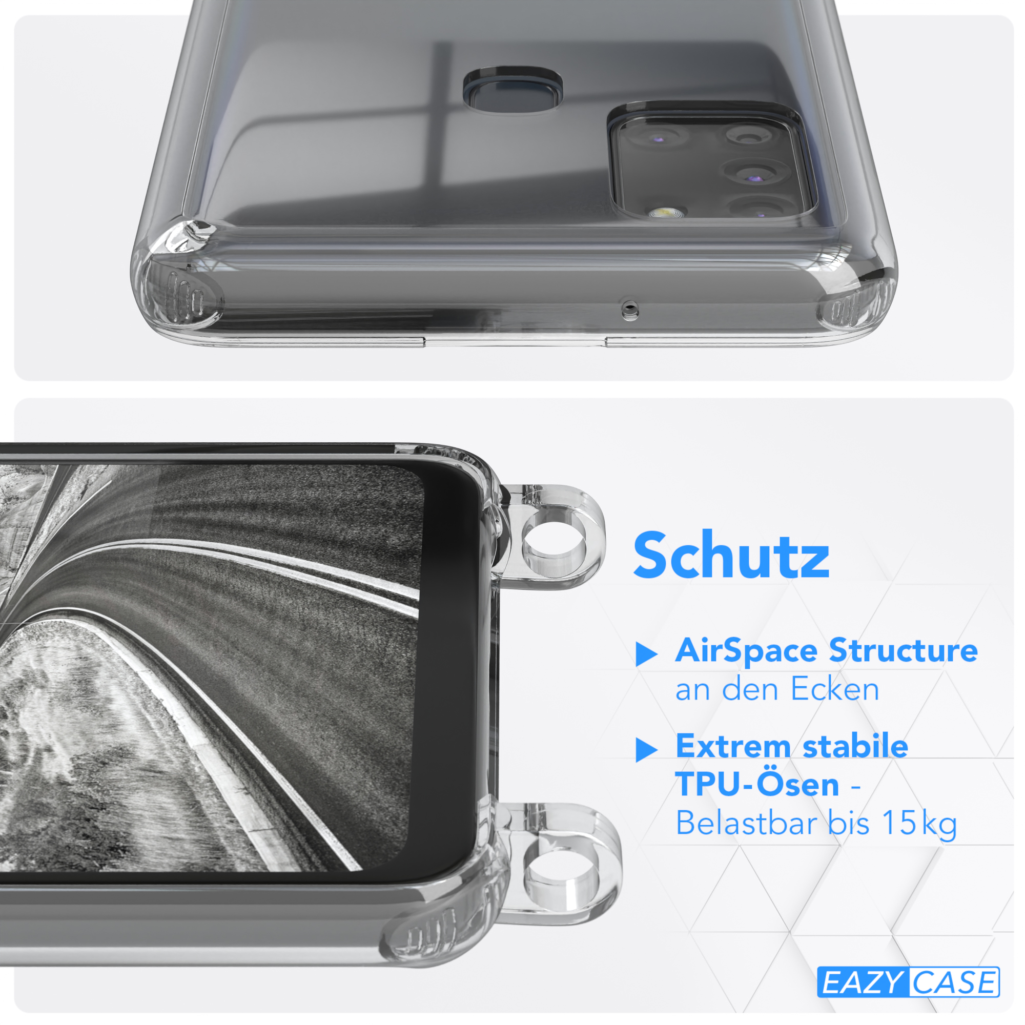 Nahaufnahme der Handyhülle mit AirSpace Structure an den Ecken. TPU, belastbar bis 15 kg.