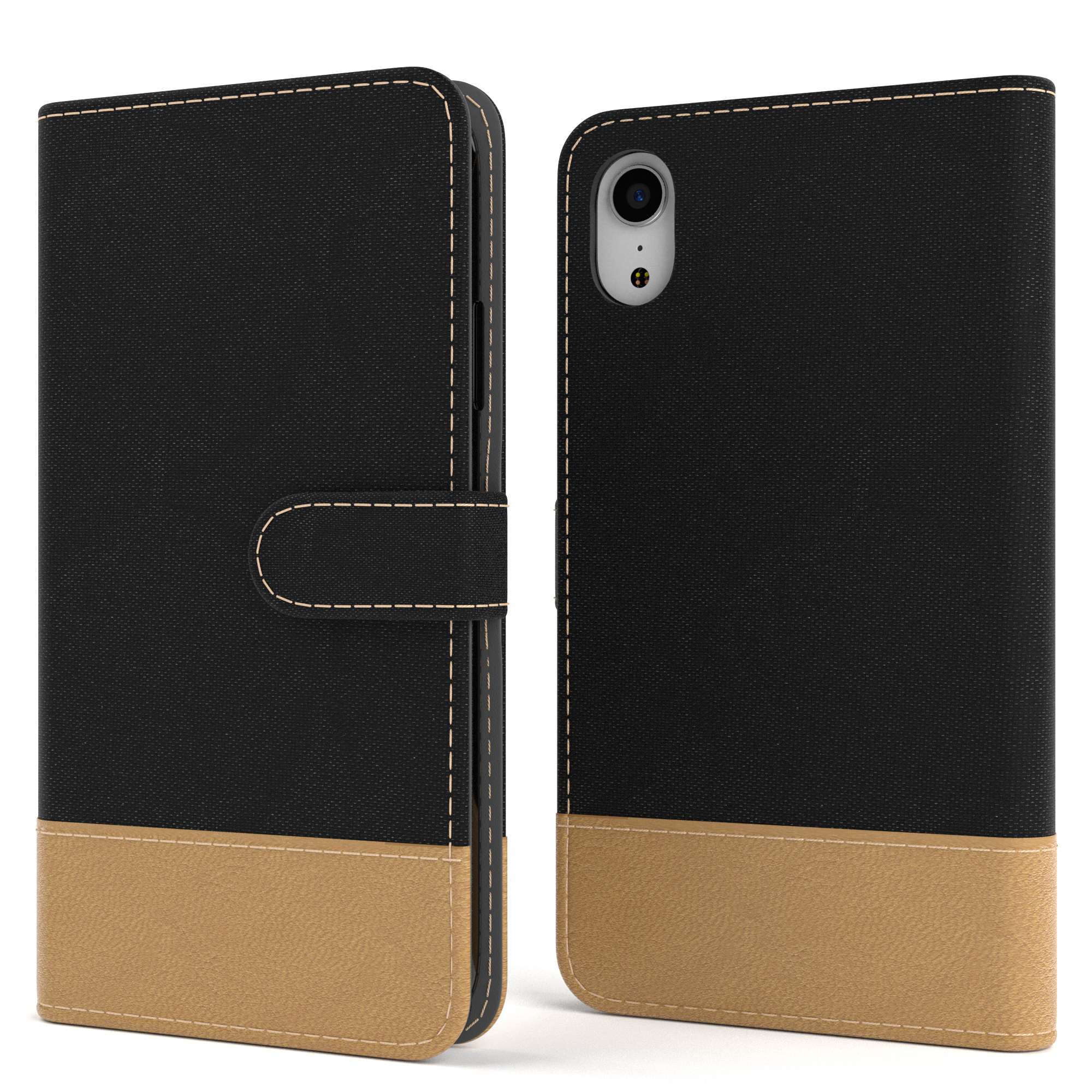 Schwarze und beige Handyhülle, Vorder- und Rückseite.