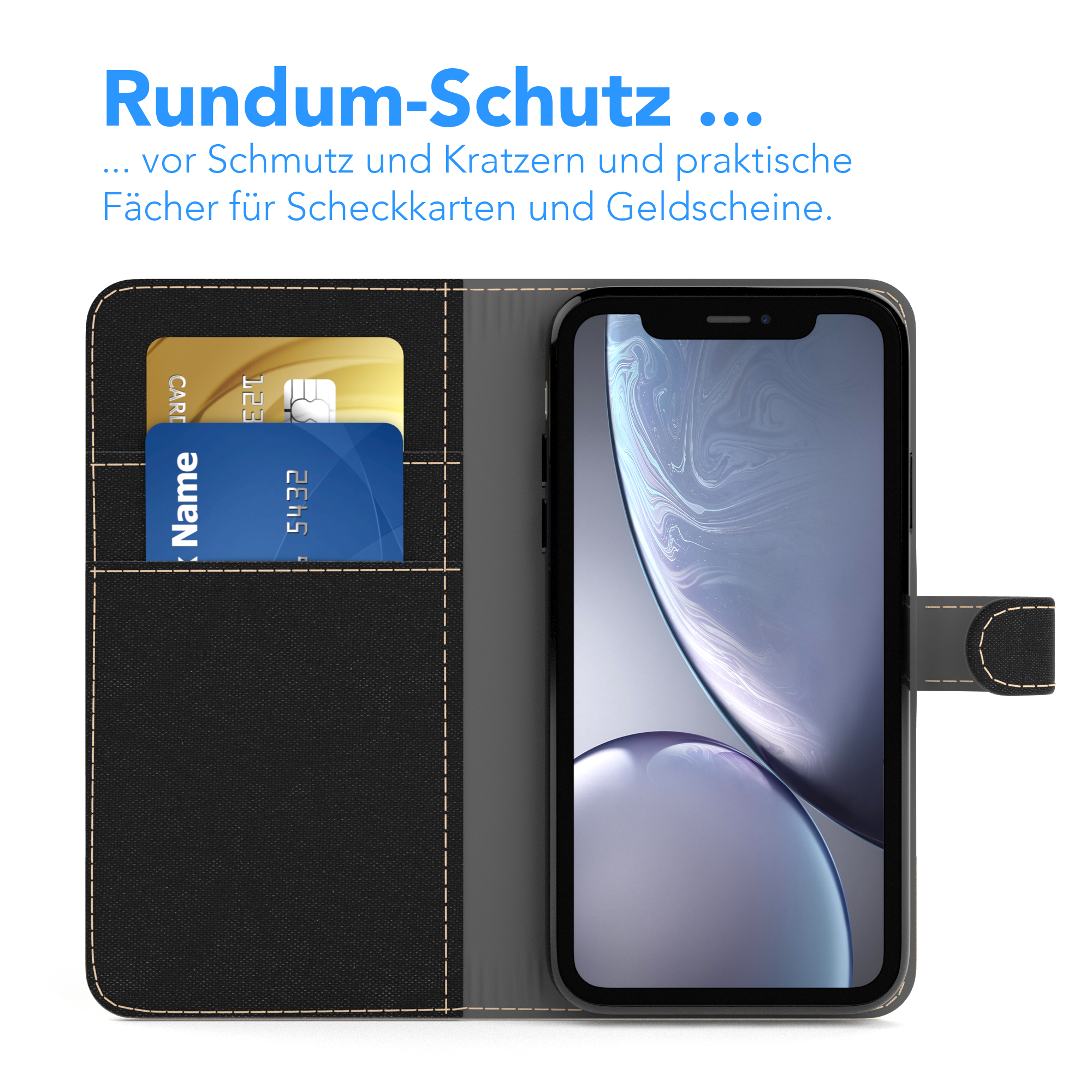 Geöffnete Handyhülle mit Karten und Telefon. Braune Außenseite, schwarze Innenseite, Gold/Blau Karten sichtbar.