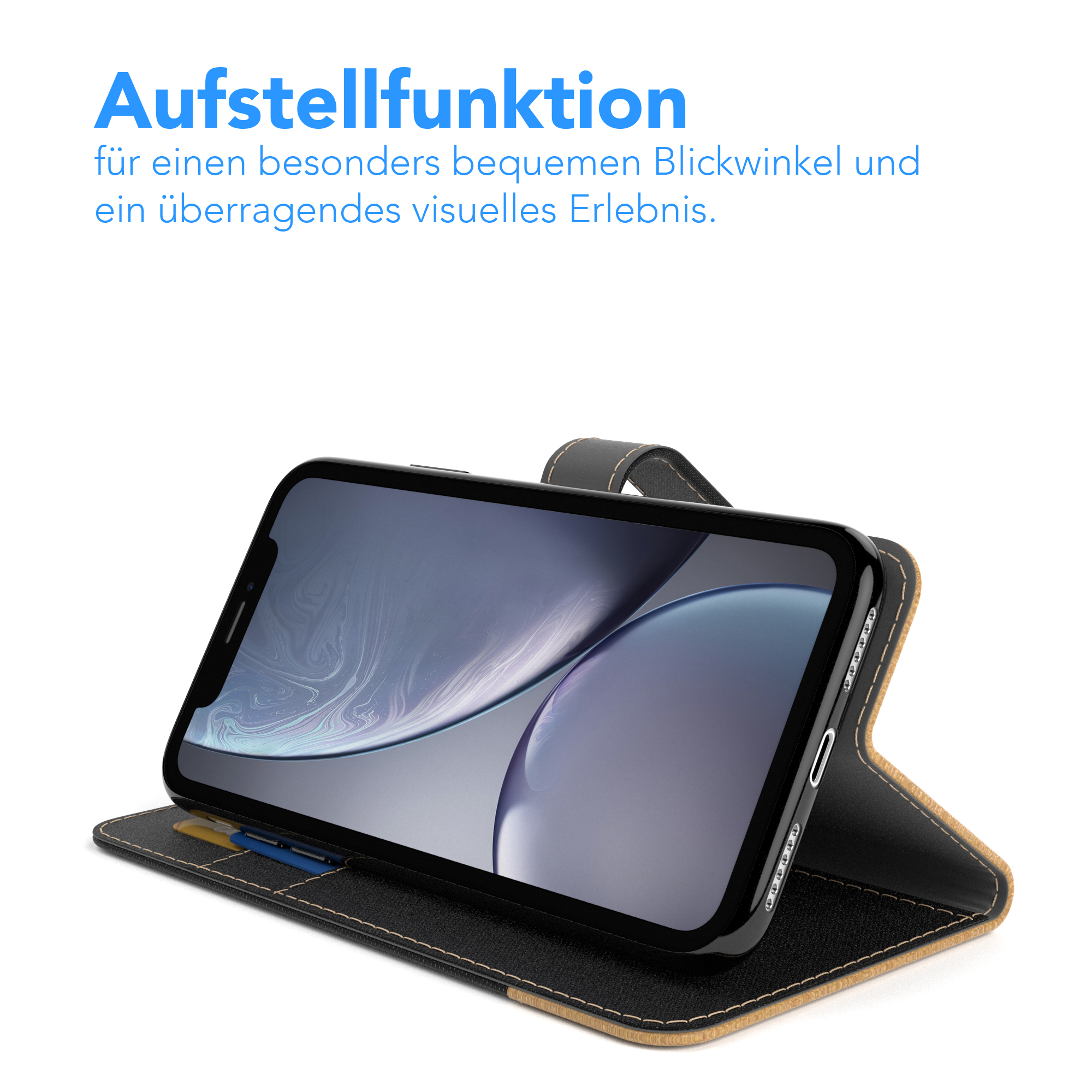 Eine Handyhülle mit einem Telefon darin. Der Hintergrund ist weiß.