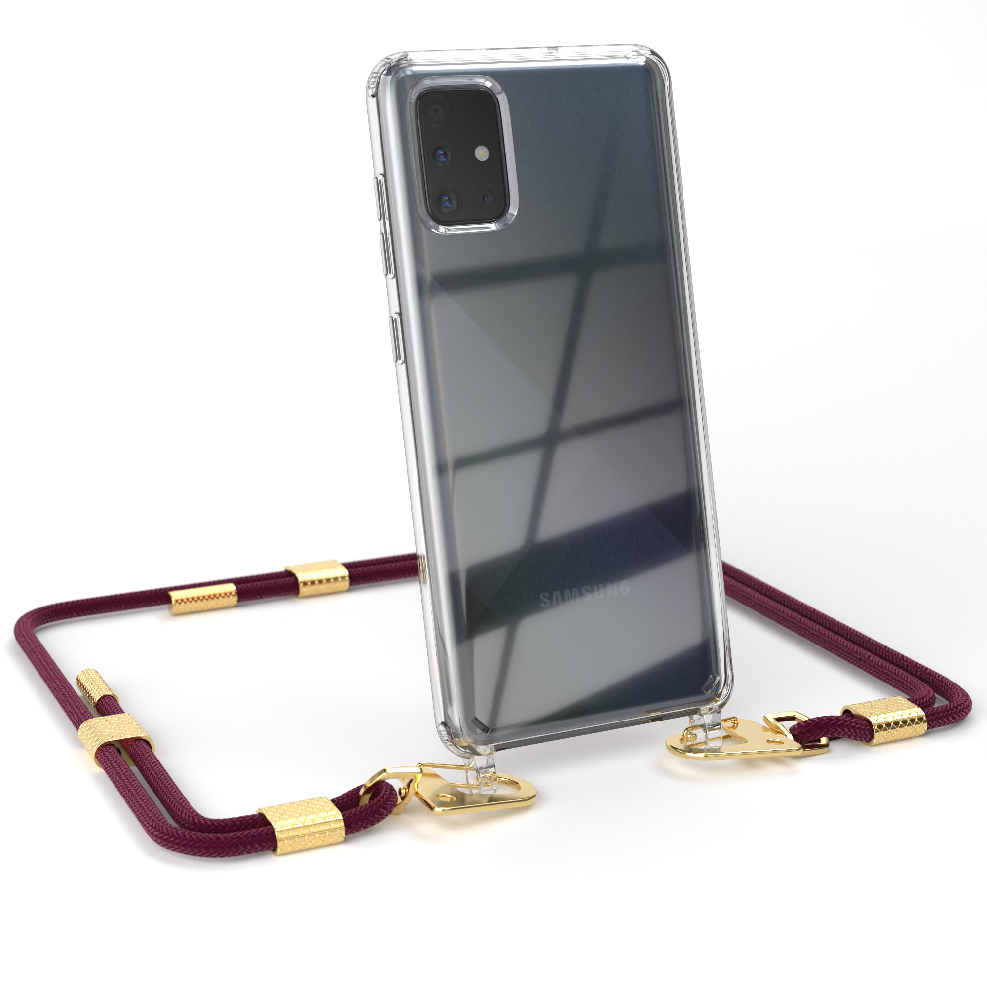 EAZY CASE Transparente Handyhülle mit A71, Karabiner, Samsung, Kordel Gold + Bordeaux Umhängetasche, / Galaxy runder