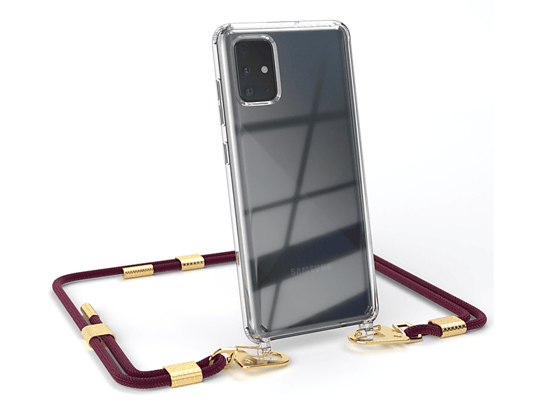 EAZY CASE Transparente Handyhülle mit Karabiner, runder / + Galaxy Umhängetasche, Samsung, Kordel Gold Bordeaux A71