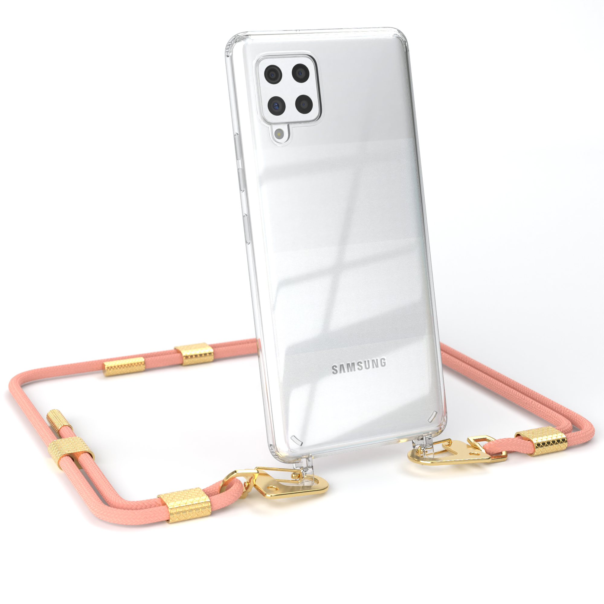 Transparente Handyhülle mit rosa Kordel und goldenen Akzenten, hält ein Handy.