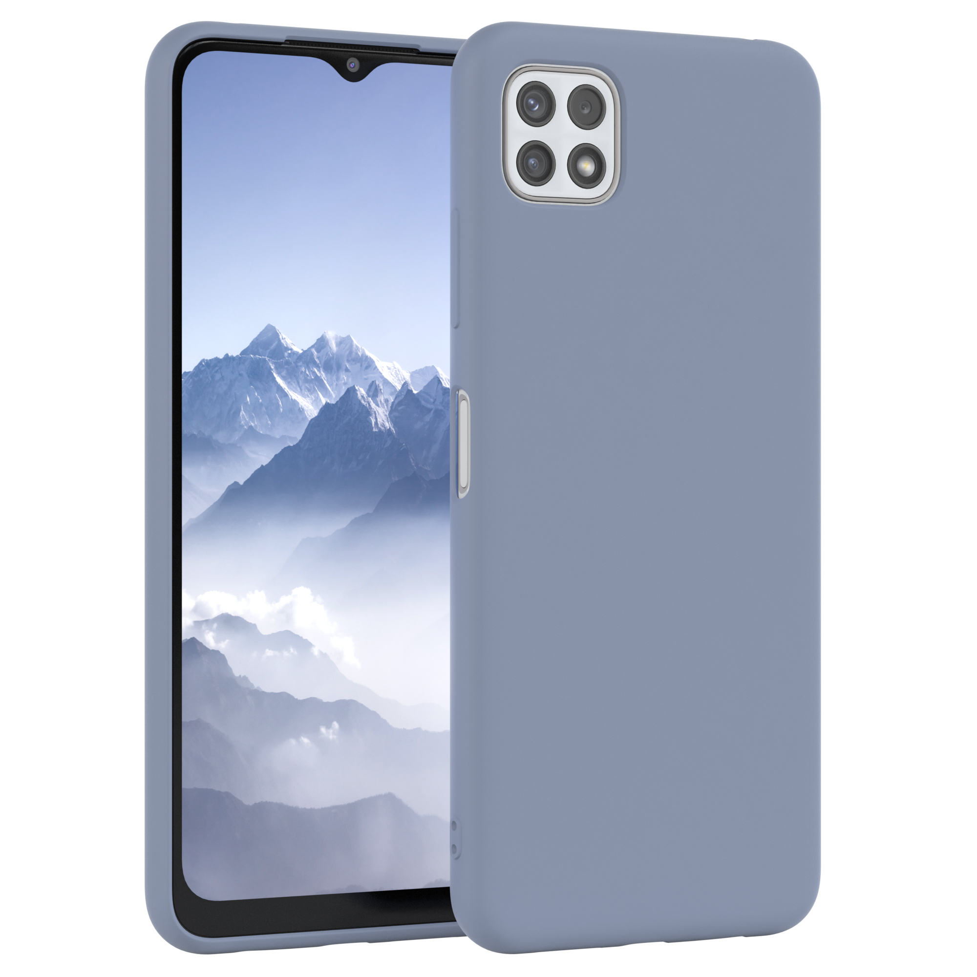 Blaue Handyhülle und ein Telefon. Das Telefon steht im Mittelpunkt.