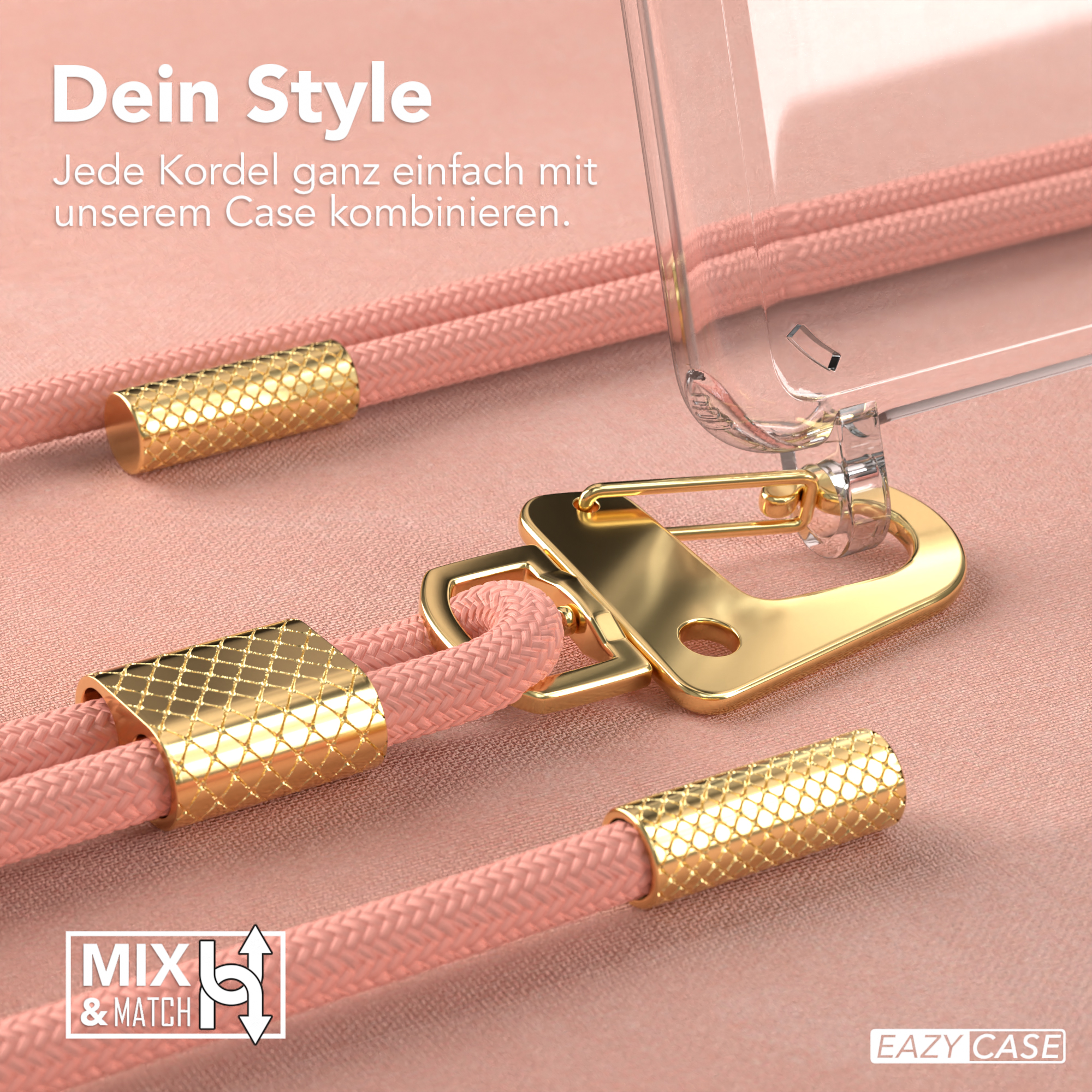 Nahaufnahme einer transparenten Handyhülle mit rosa und goldenen Kordeldetails.