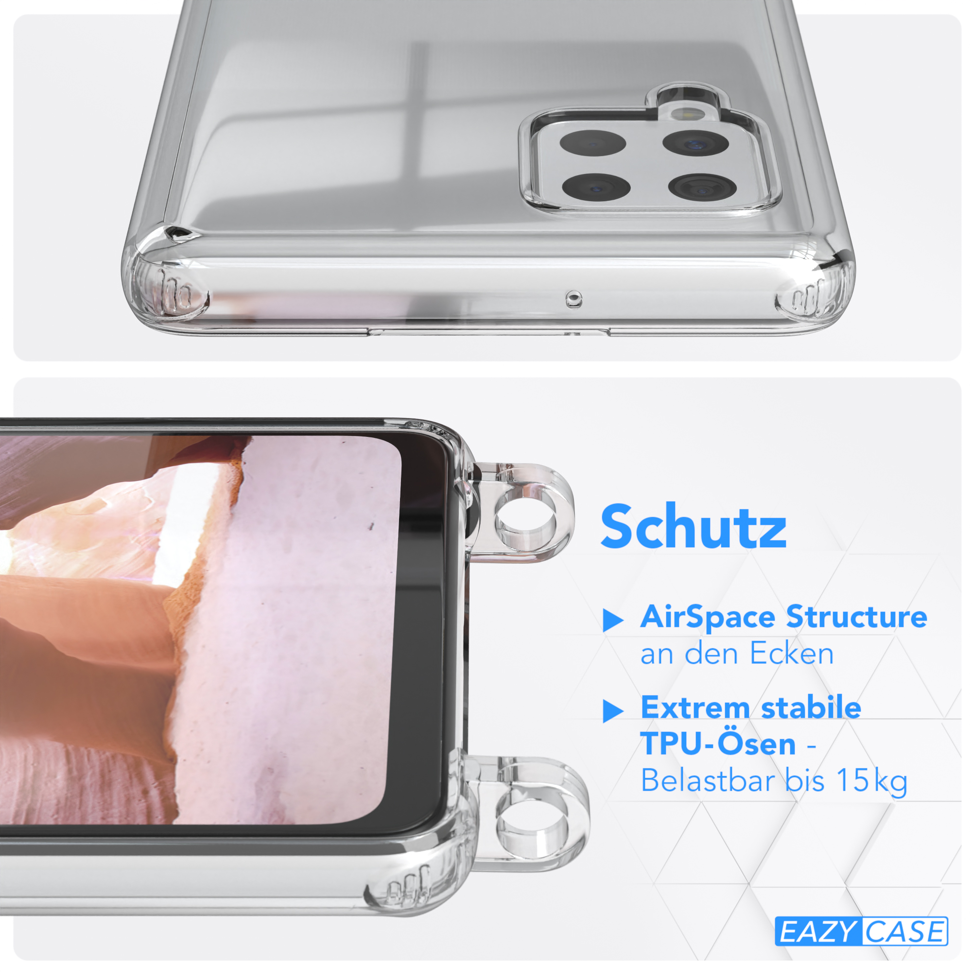 EAZY CASE Transparente Handyhülle mit A42 Karabiner, Samsung, 5G, + Galaxy / Altrosa runder Kordel Umhängetasche, Gold