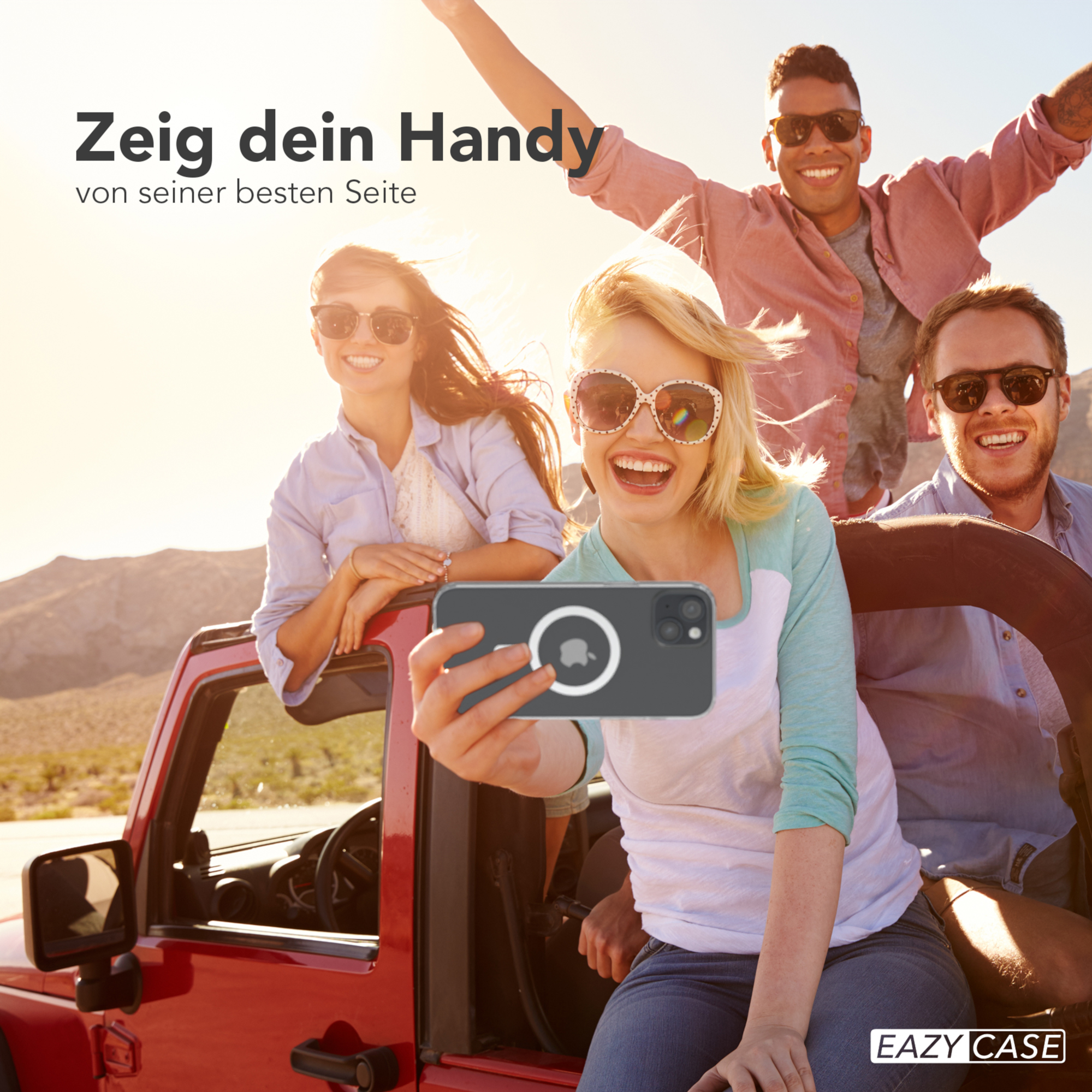 Gruppe von Leuten macht Selfie mit Handy. Text: Zeig dein Handy von seiner besten Seite.