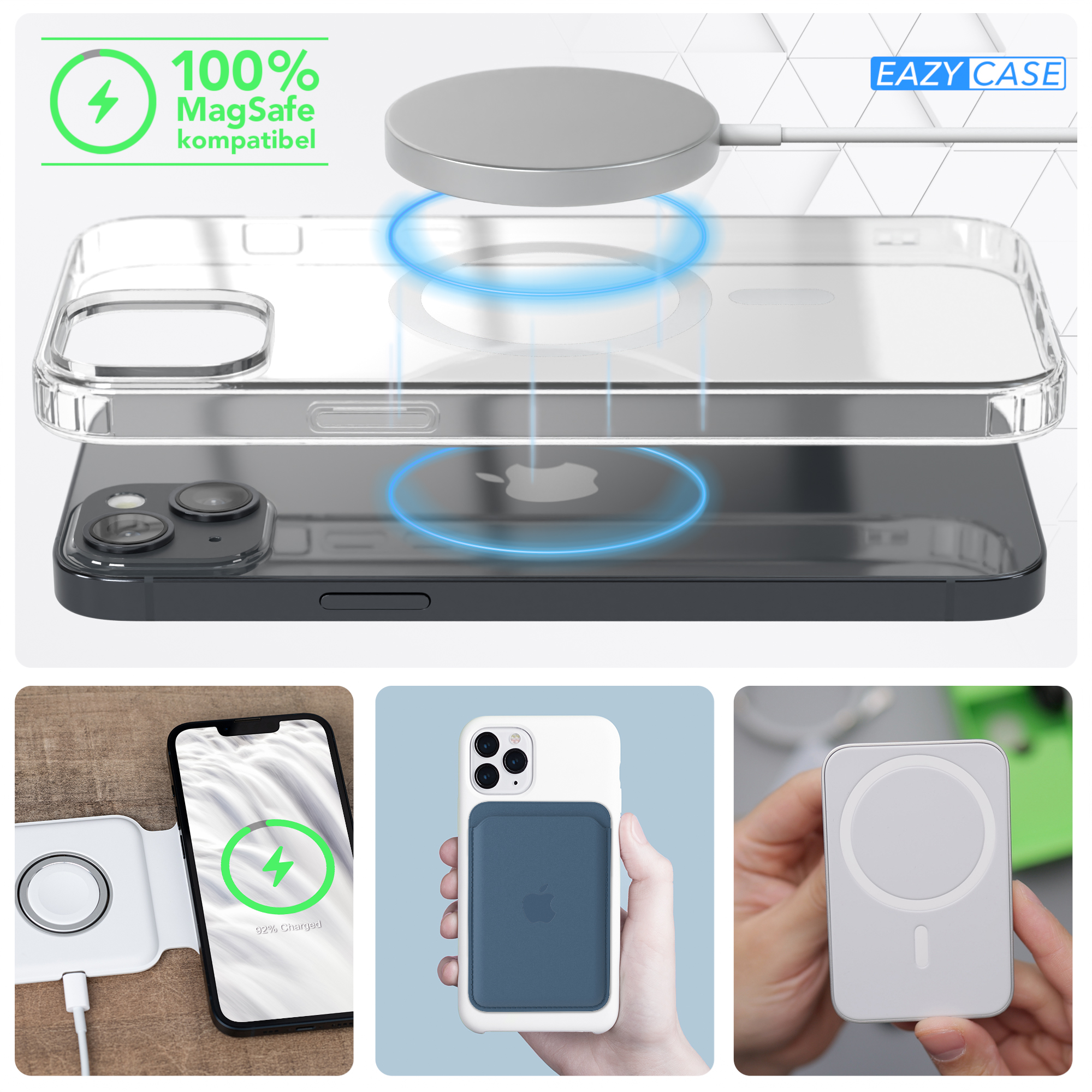 Transparente Handyhülle mit MagSafe-Ladegerät und Telefon. Drei kleinere Bilder zeigen Anwendungsfälle und Zubehör.
