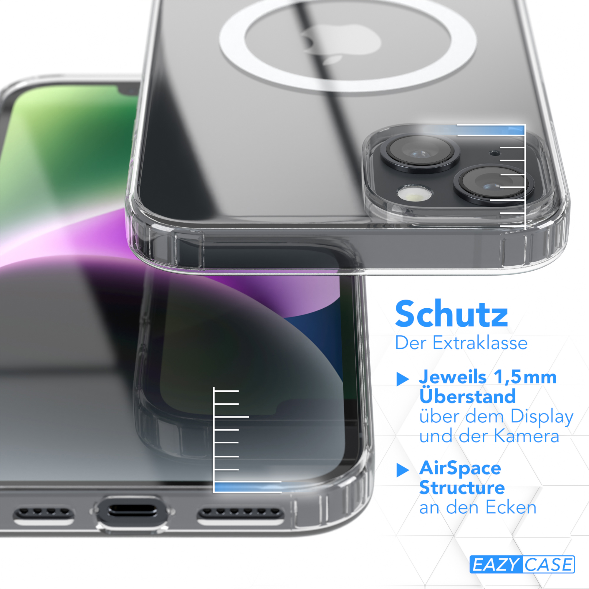 Klar Handyhülle mit MagSafe, zeigt Telefon. Textdetails Schutzfunktionen.