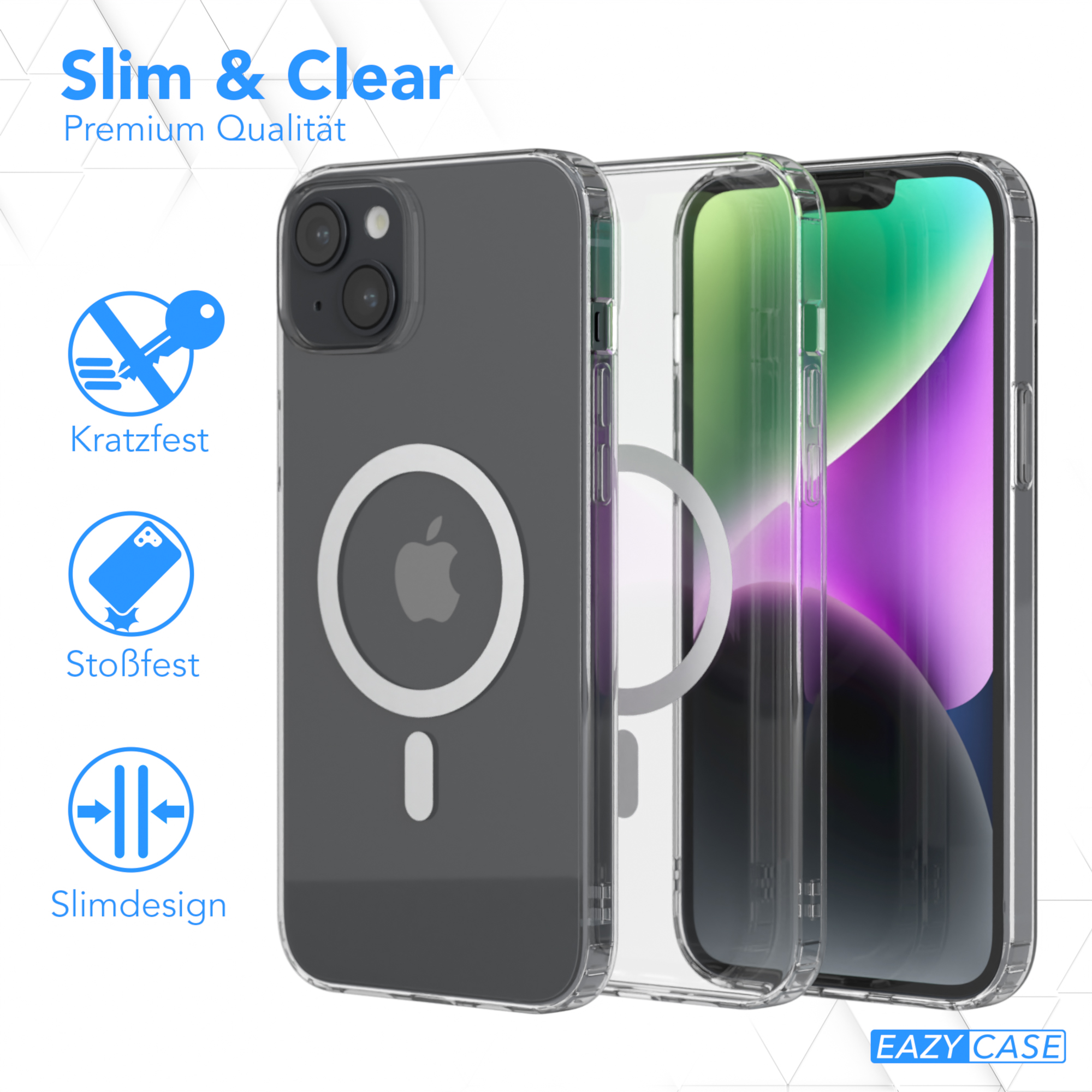 Drei transparente Handyhüllen mit Text und Symbolen für Kratzer, Stöße und schlankes Design.