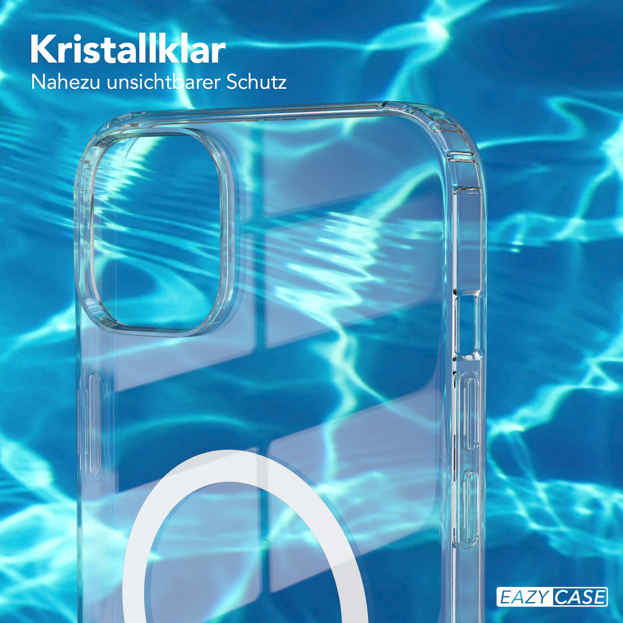Eine transparente Handyhülle in blauem Wasser, die Schutz und Klarheit hervorhebt.