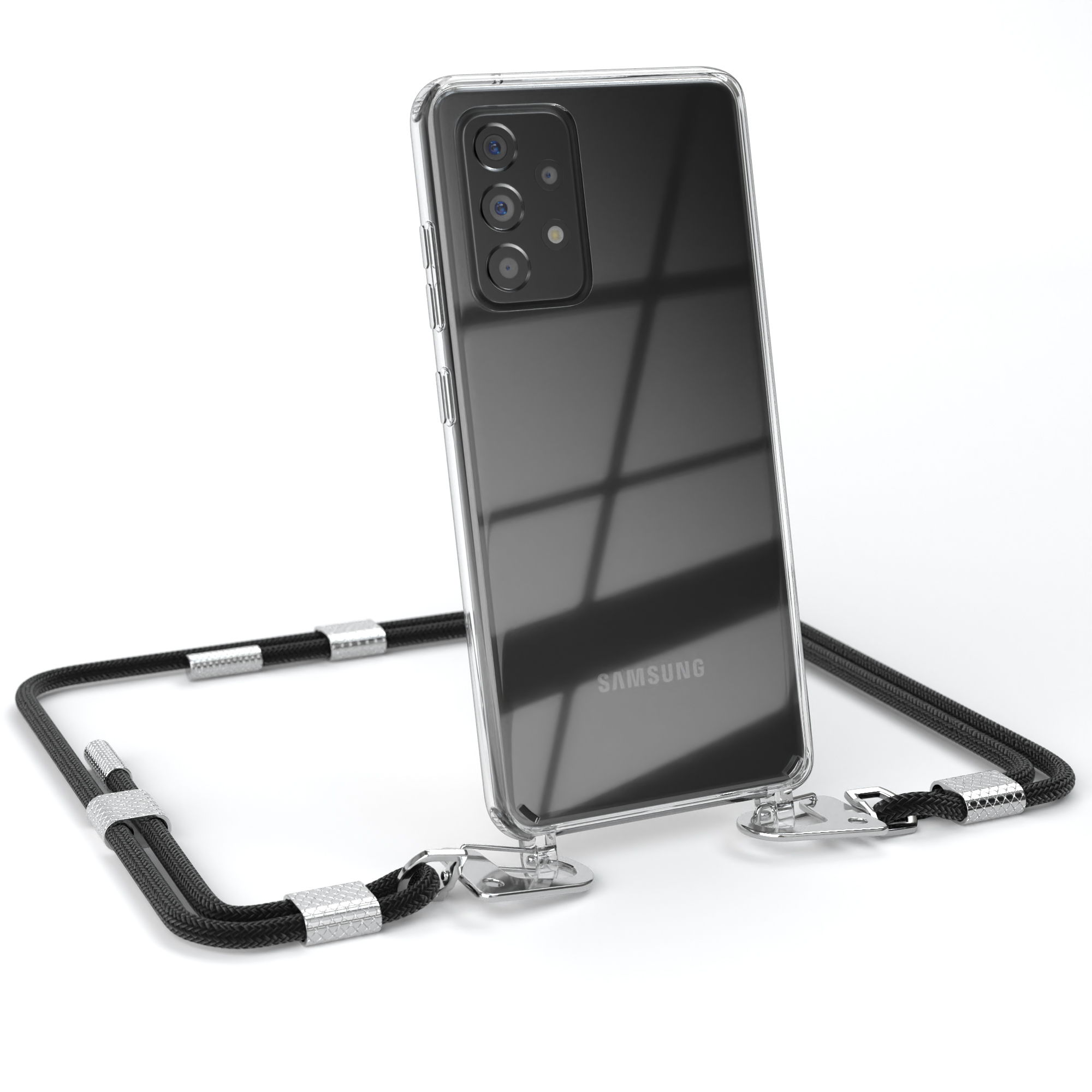 EAZY CASE Transparente Handyhülle mit Schwarz Karabiner, Galaxy Silber Umhängetasche, Samsung, 5G Kordel A52 / runder A52 + 5G, / A52s 